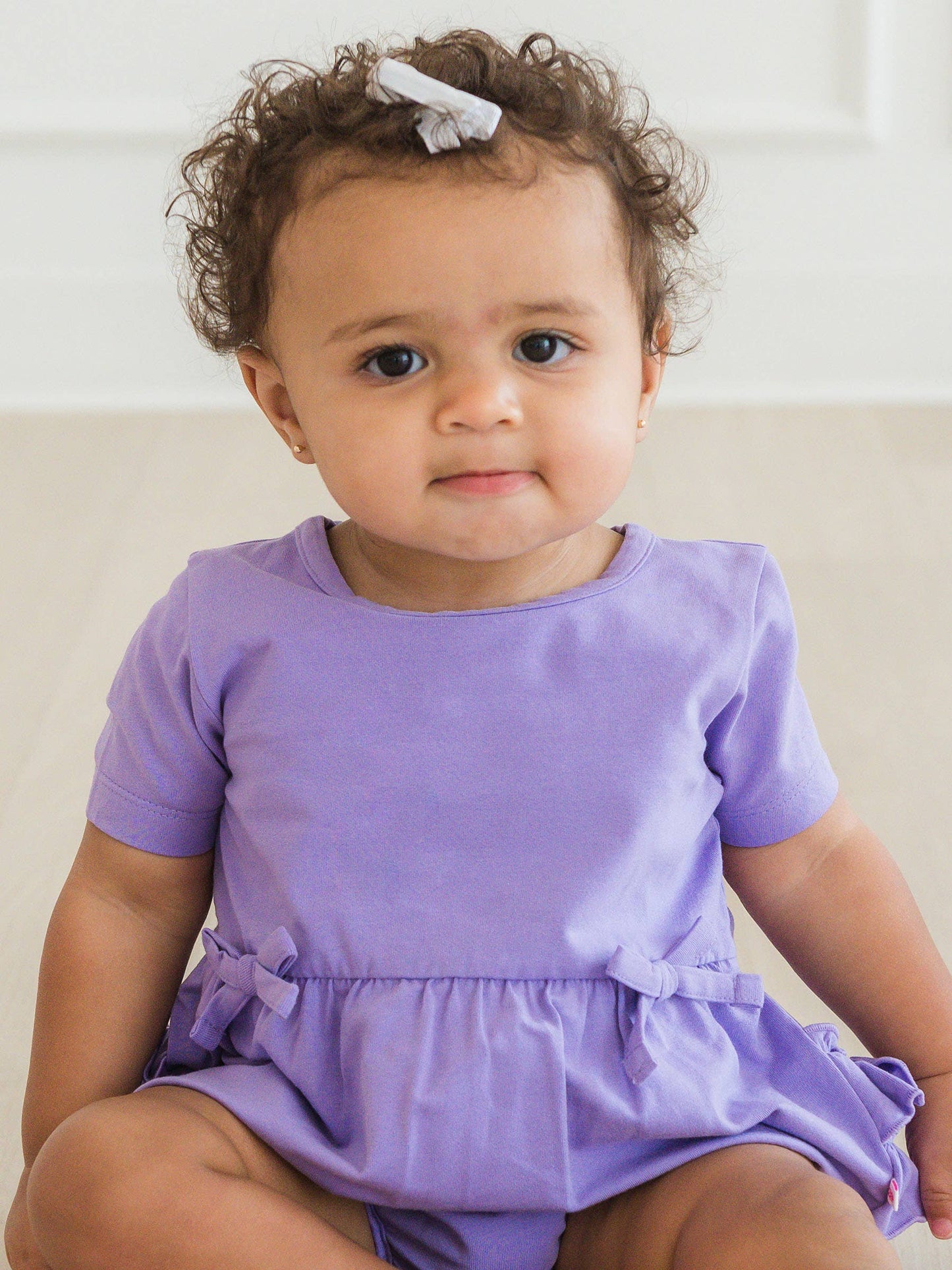 Baby Girls Wisteria Purple Knit Short Sleeve Bow Bubble Romper