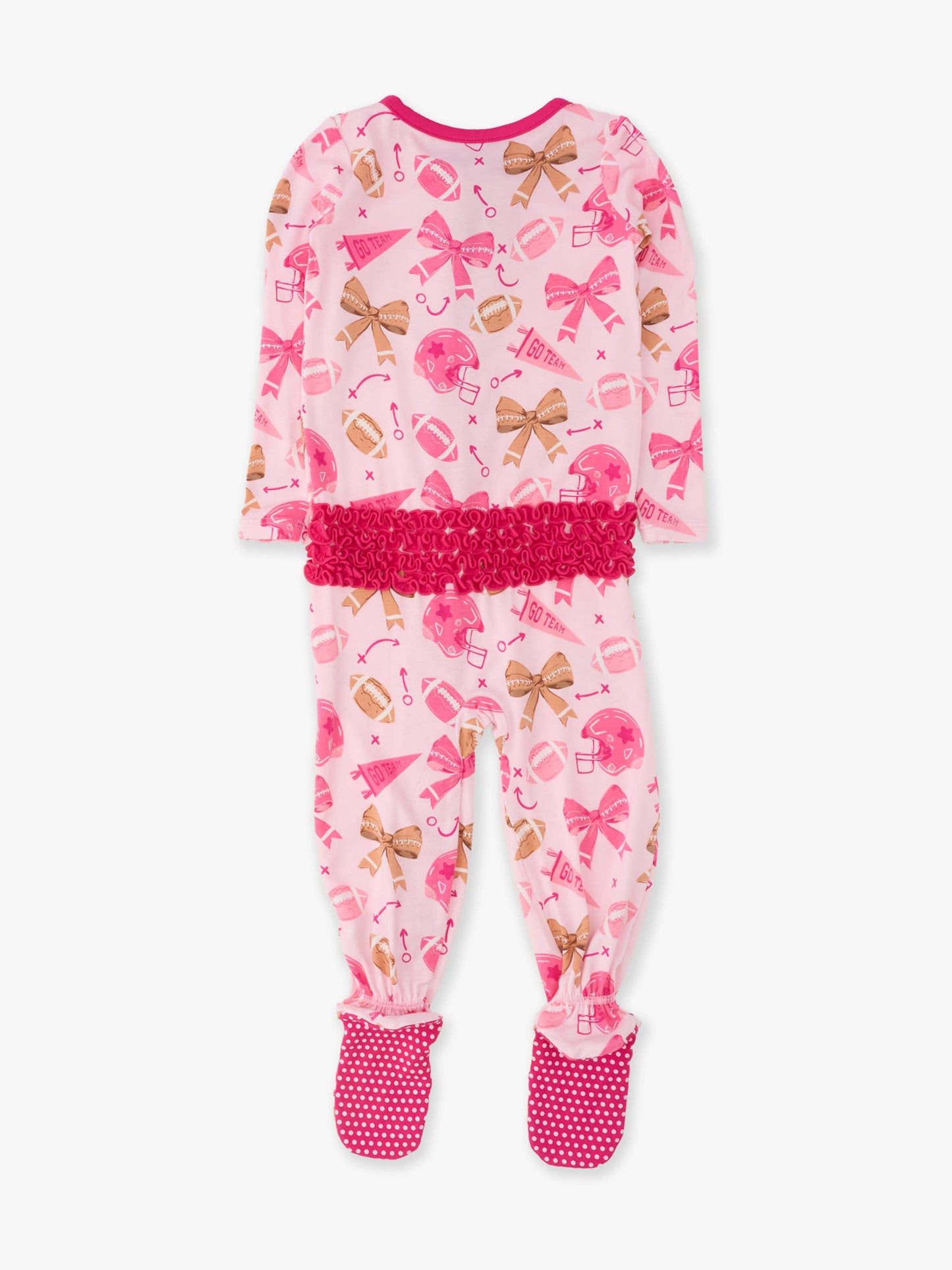 SoftSnooze™ Baby Girls Bamboo Viscose Footballs & Bows Footed Ruffle One Piece Pajama