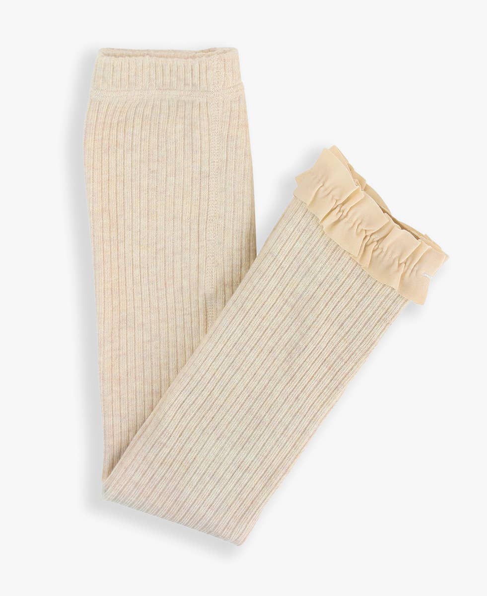 Girls Oatmeal Rib Knit Footless Ruffled Tights
