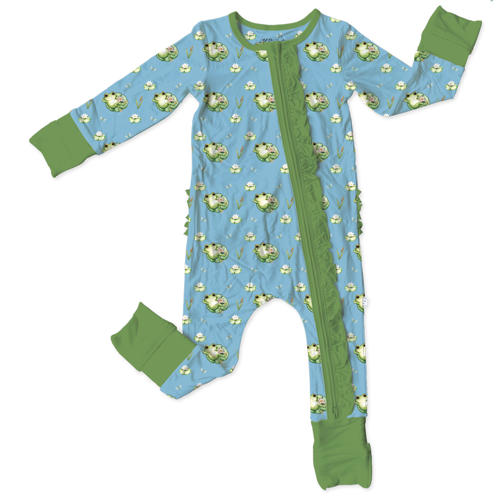 Amelia Frogs Bamboo Ruffle Triple-Zip Convertible Footie