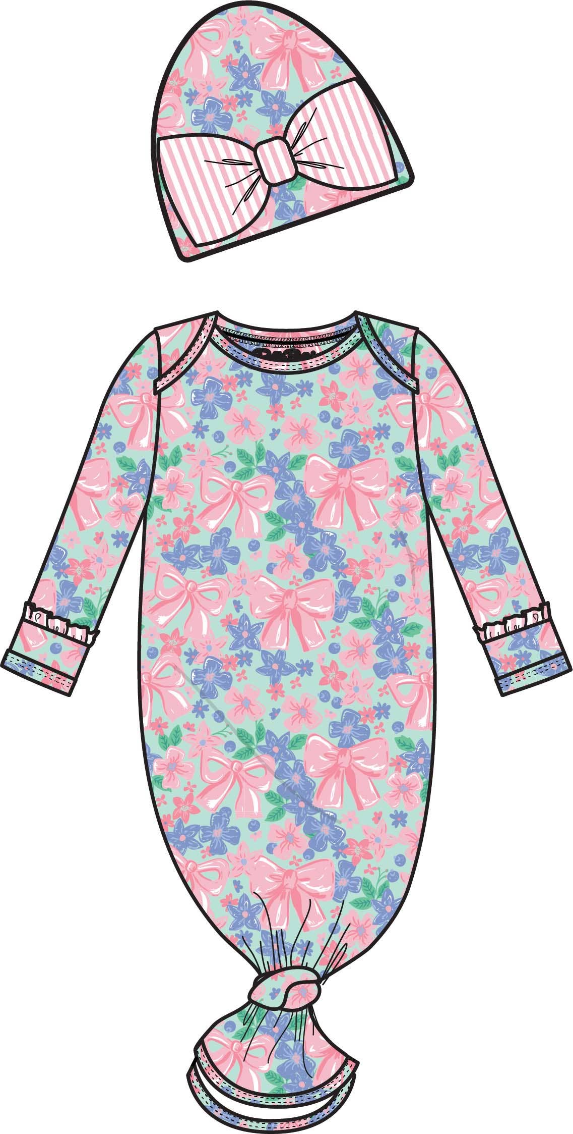 SoftSnooze™ Baby Girls Bamboo Viscose Bow Blooms Ruffle Knotted Sleep Gown & Bow Hat Set