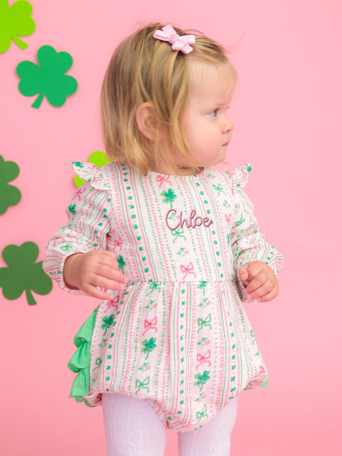 Baby Girls Clover Bows & Wishes Cotton Gauze Long Sleeve Flutter Bubble Romper