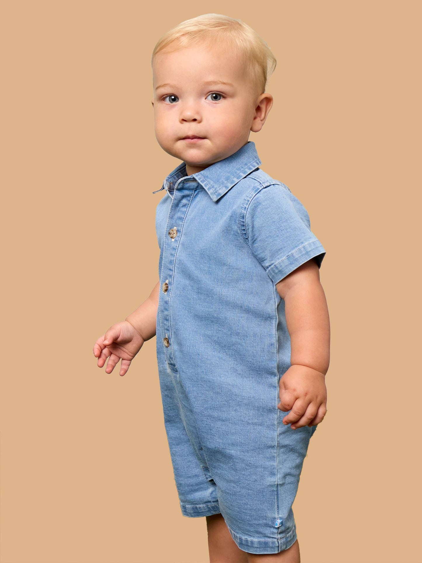 Baby Boys Light Wash Stretch Denim Short Sleeve Button-up Romper