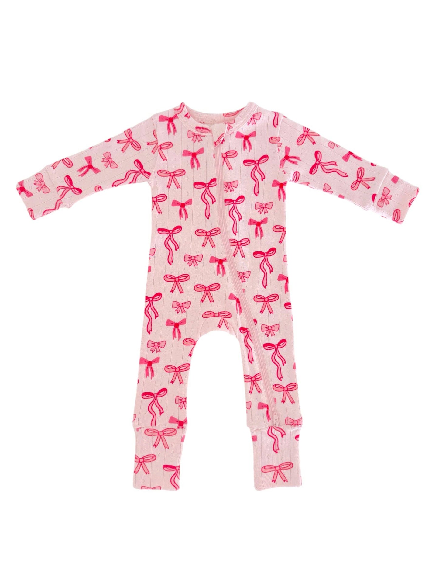 Pink Bows / Organic Pointelle 2-Way Zip Romper