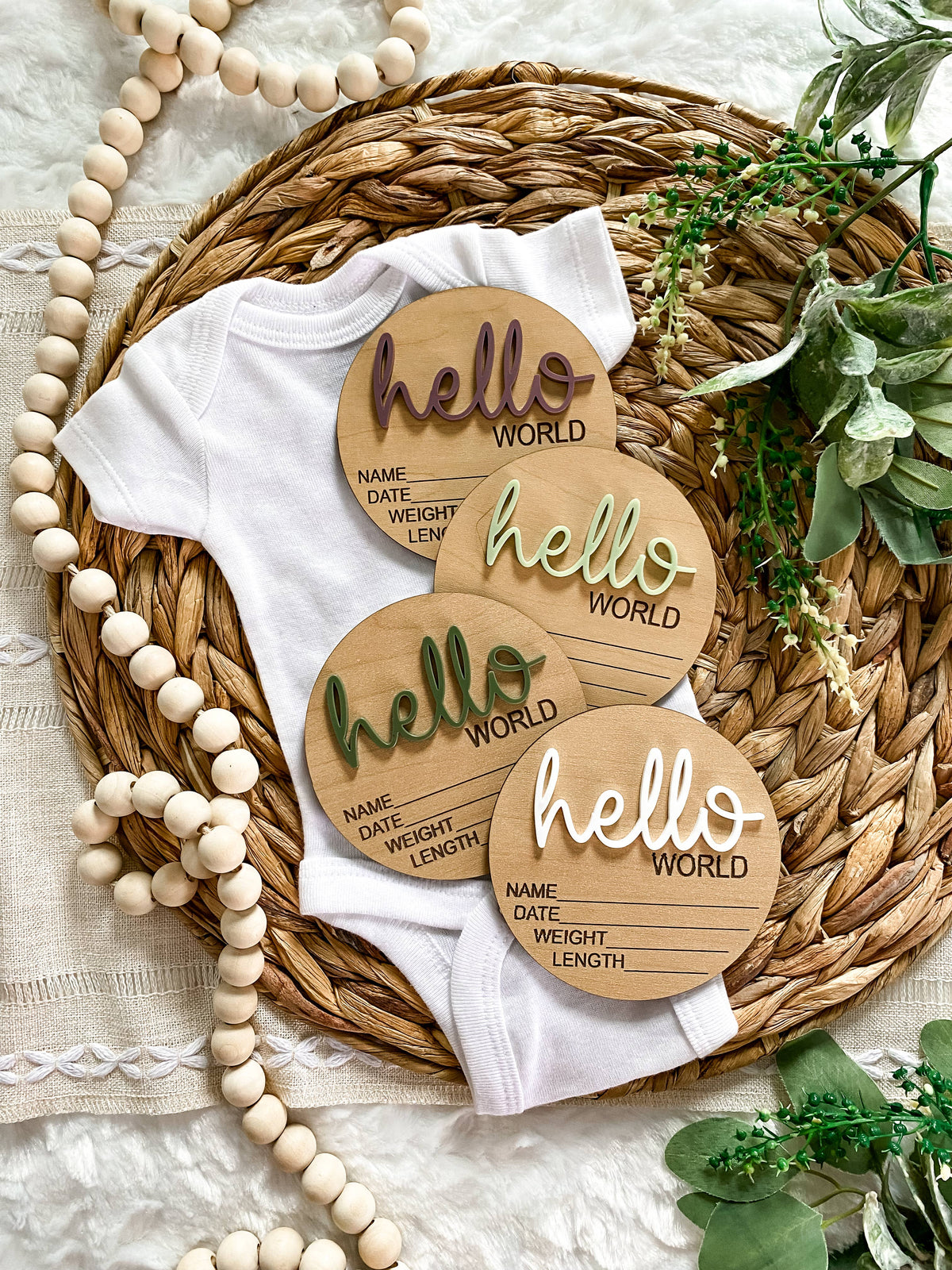 Hello World Birth Stat Announcement Wood Disc - Layered 3D