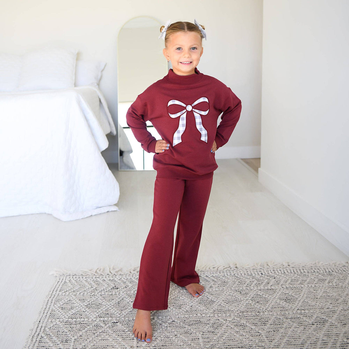 Maroon MOCKNECK FLARE SWEATSUIT Gingham Bow Kids Set