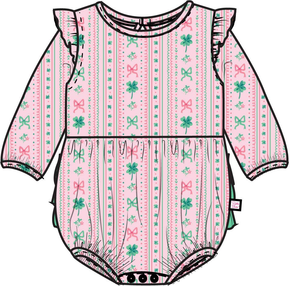Baby Girls Clover Bows & Wishes Cotton Gauze Long Sleeve Flutter Bubble Romper