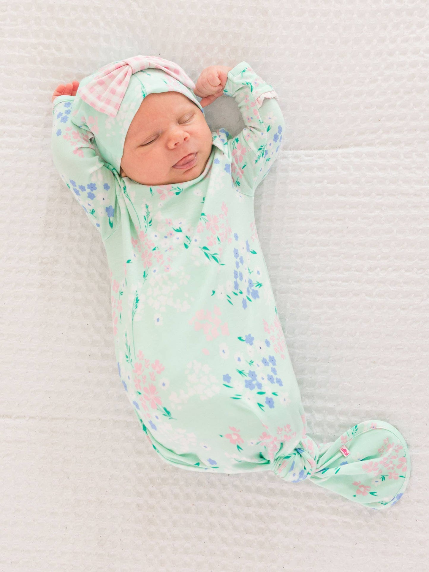 SoftSnooze™ Baby Girls Bamboo Viscose Mint Meadow Ruffle Knotted Sleep Gown & Bow Hat Set