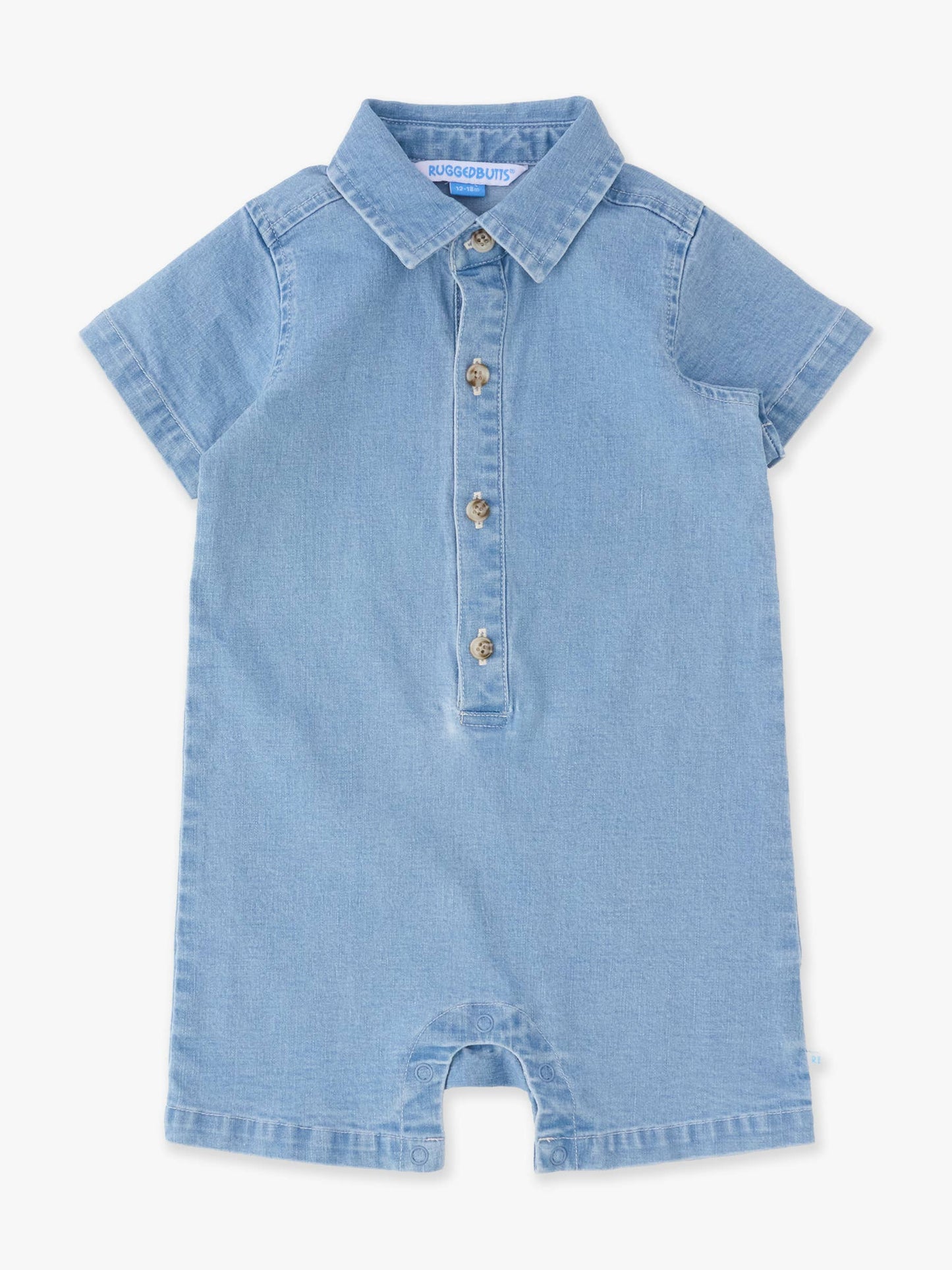 Baby Boys Light Wash Stretch Denim Short Sleeve Button-up Romper