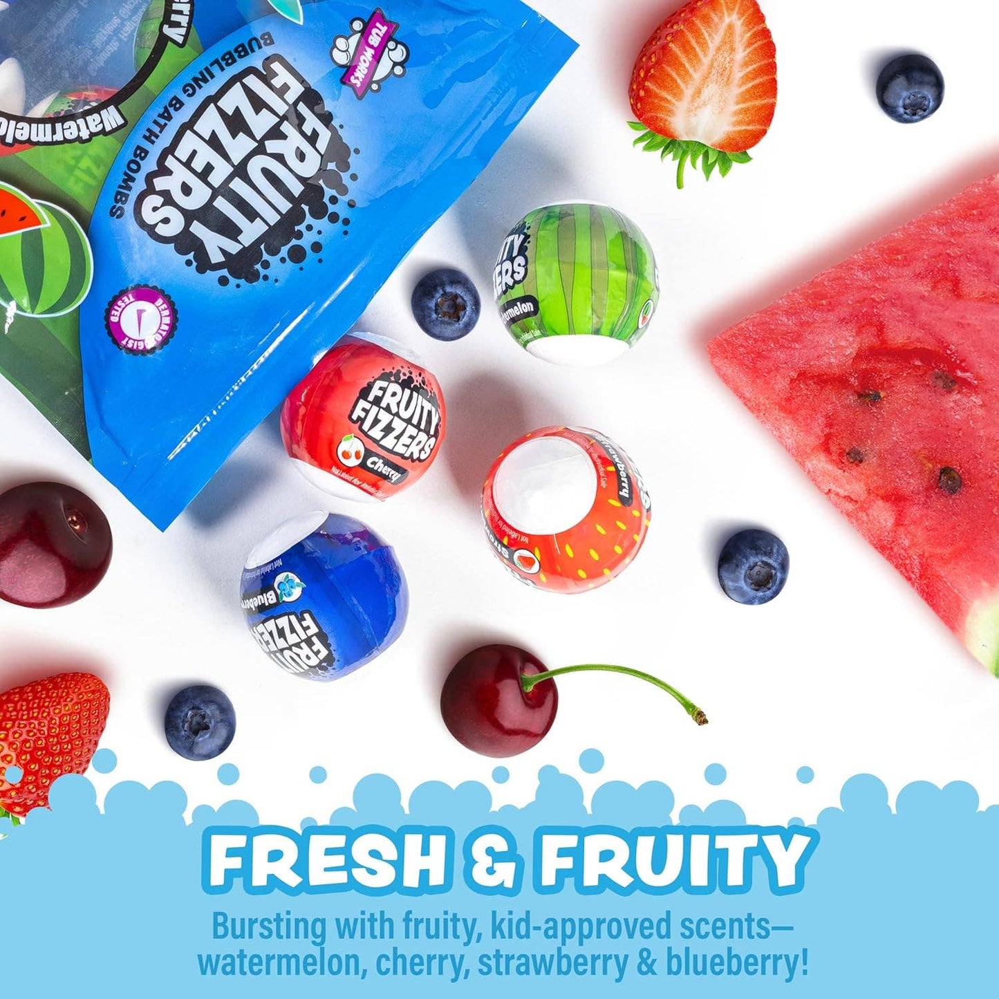 Tub Works® Fruity Fizzers™ Bubbling Bath Bombs for Kids, Variety 12 Pack | Dye-Free & Naturally-Derived