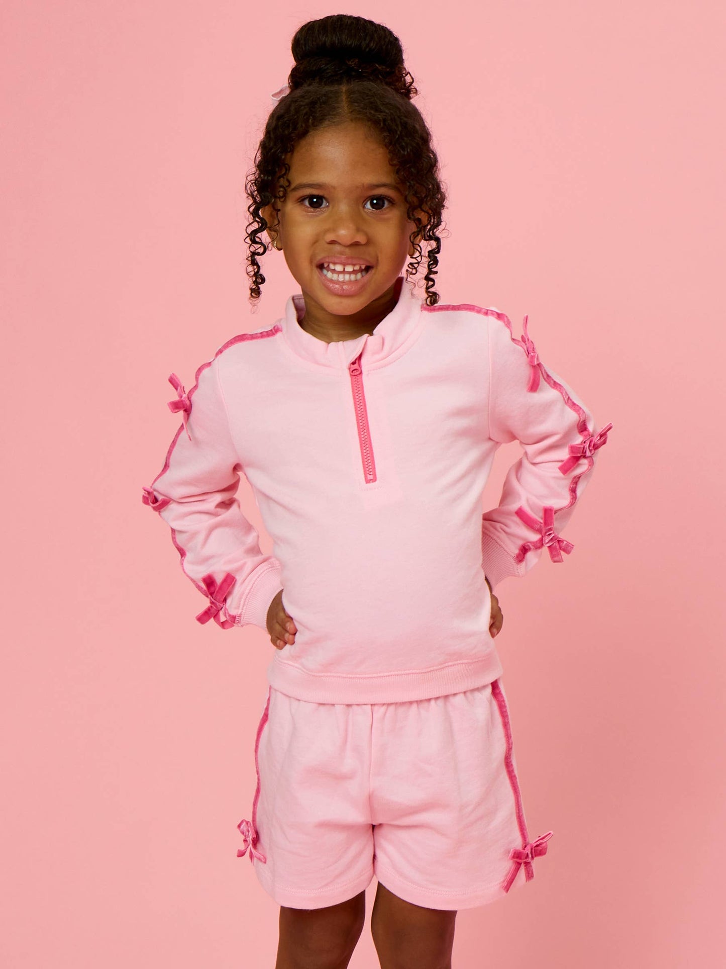 Girls Pink Fleece Bow Quarter Zip & Shorts Set