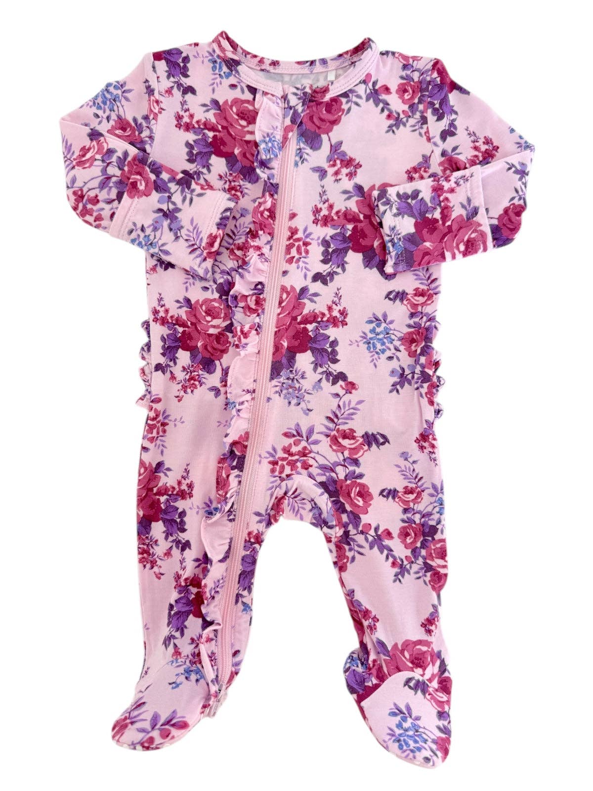 2-Way Zip Ruffle Footie, Violet Rose