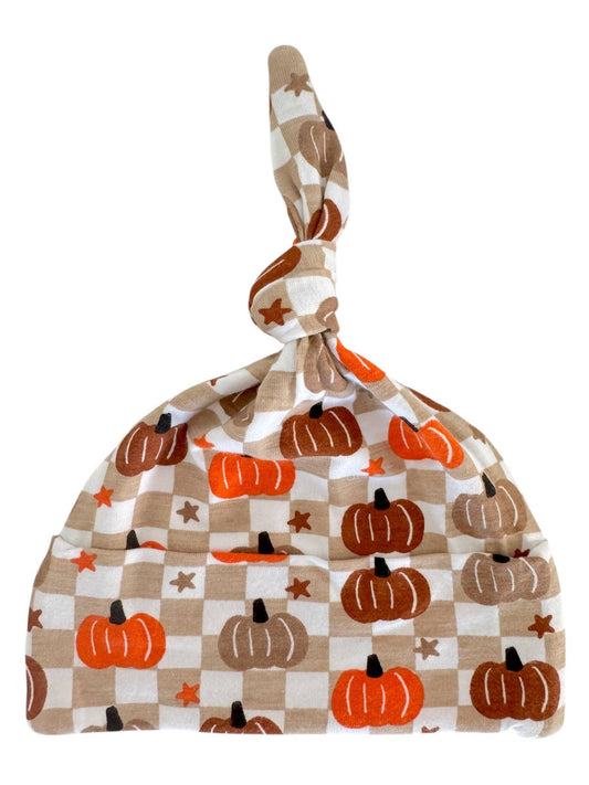 Knot Beanie, Pumpkin Checkerboard
