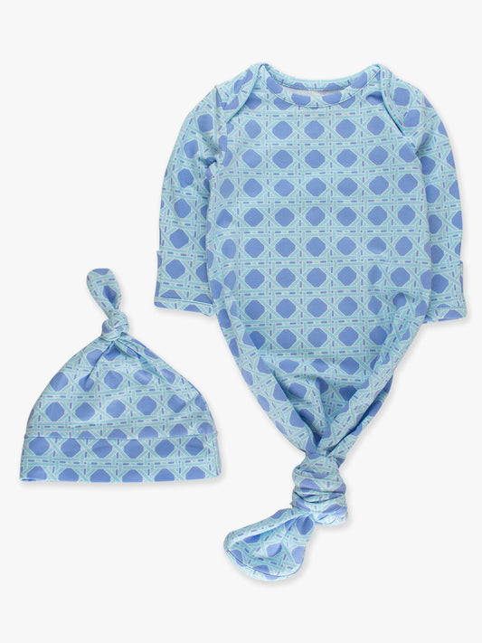 SoftSnooze™ Baby Cotton Modal Periwinkle Blue Coastal Cane Knotted Sleep Gown & Hat Set