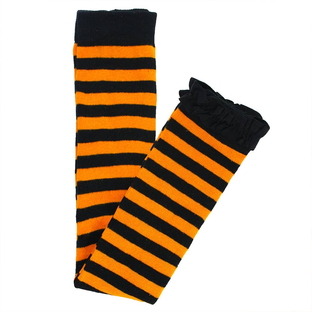Girls Orange & Black Stripe Patterned Footless Ruffle Tights