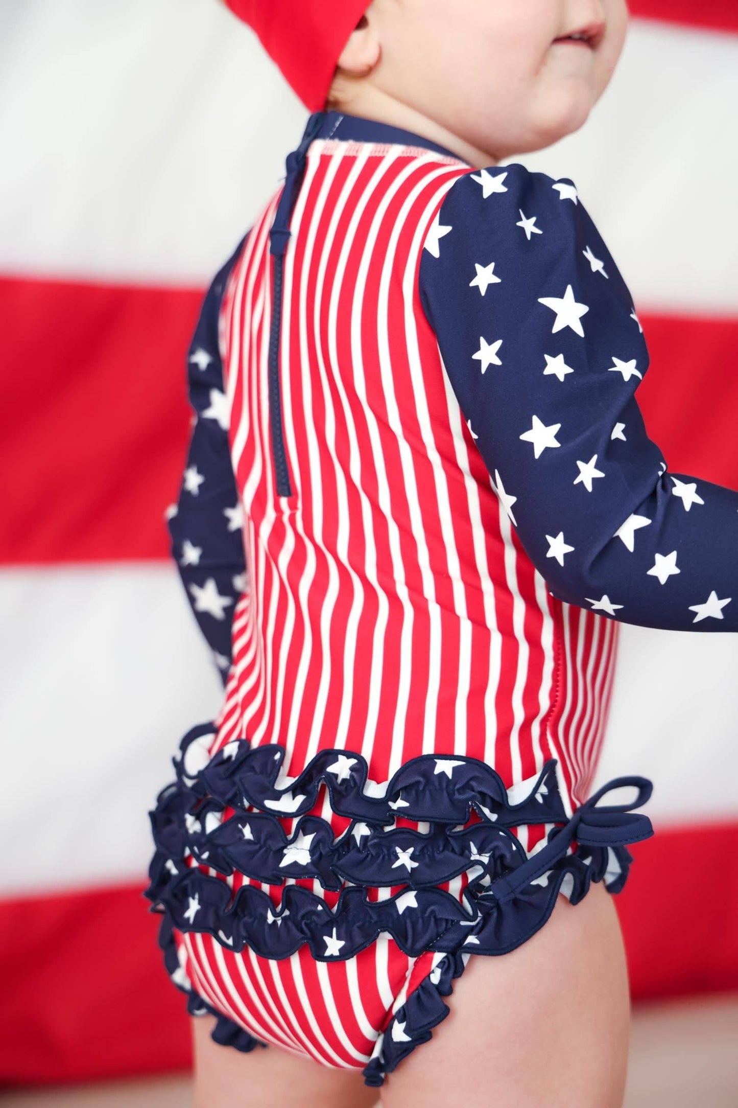 Long Sleeve Rash Guard With Ruffle Bottom | Stars & Stripes Party