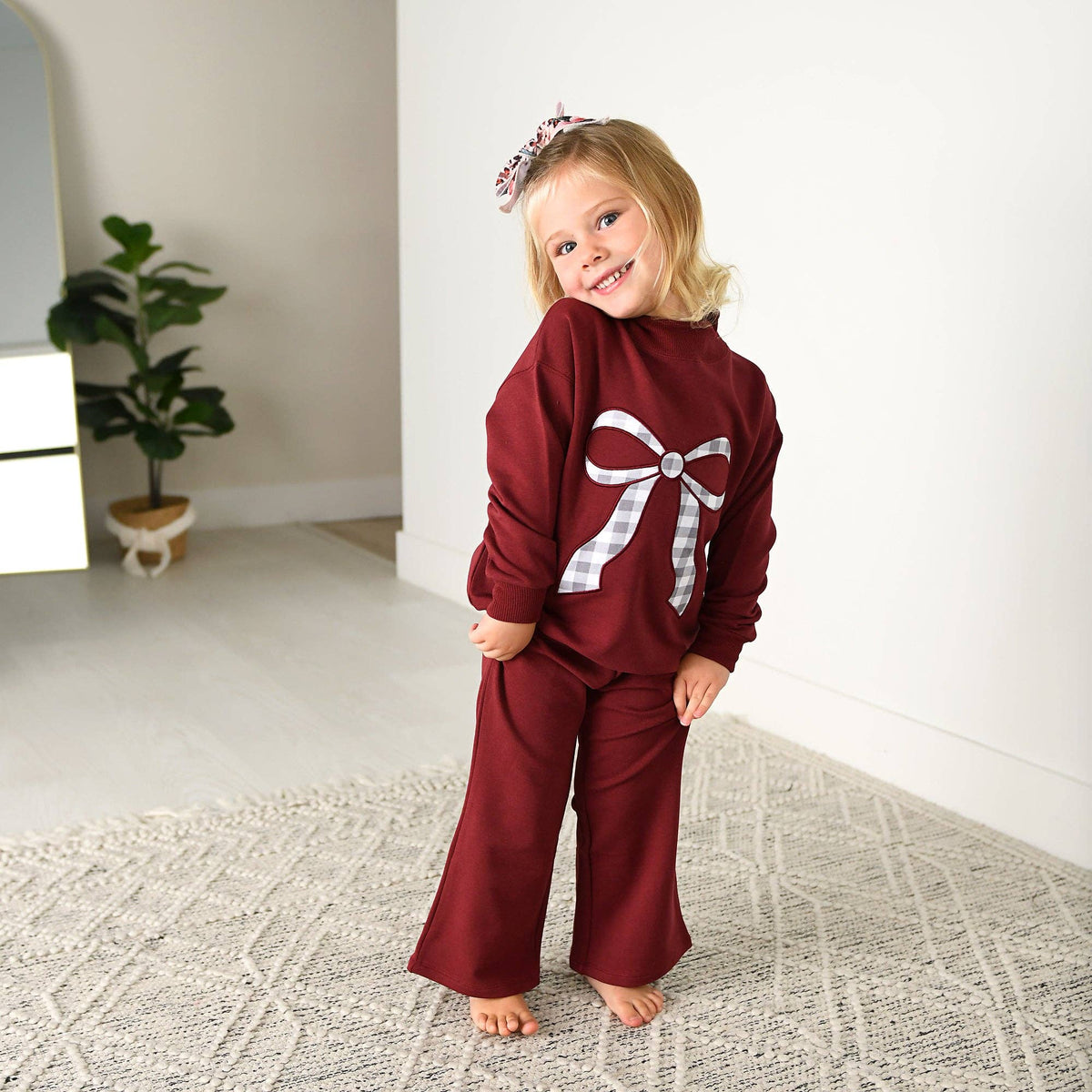 Maroon MOCKNECK FLARE SWEATSUIT Gingham Bow Kids Set