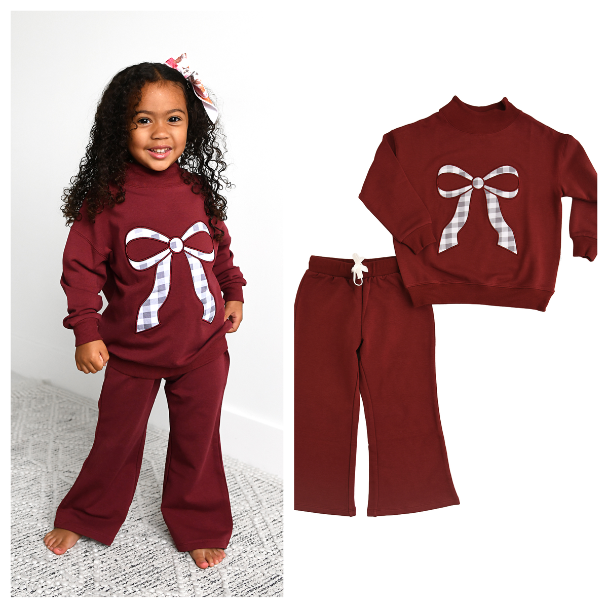 Maroon MOCKNECK FLARE SWEATSUIT Gingham Bow Kids Set