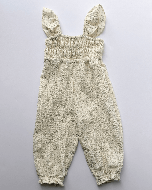 Paisley Smocked Ruffle Jumpsuit - White with Green Leaves