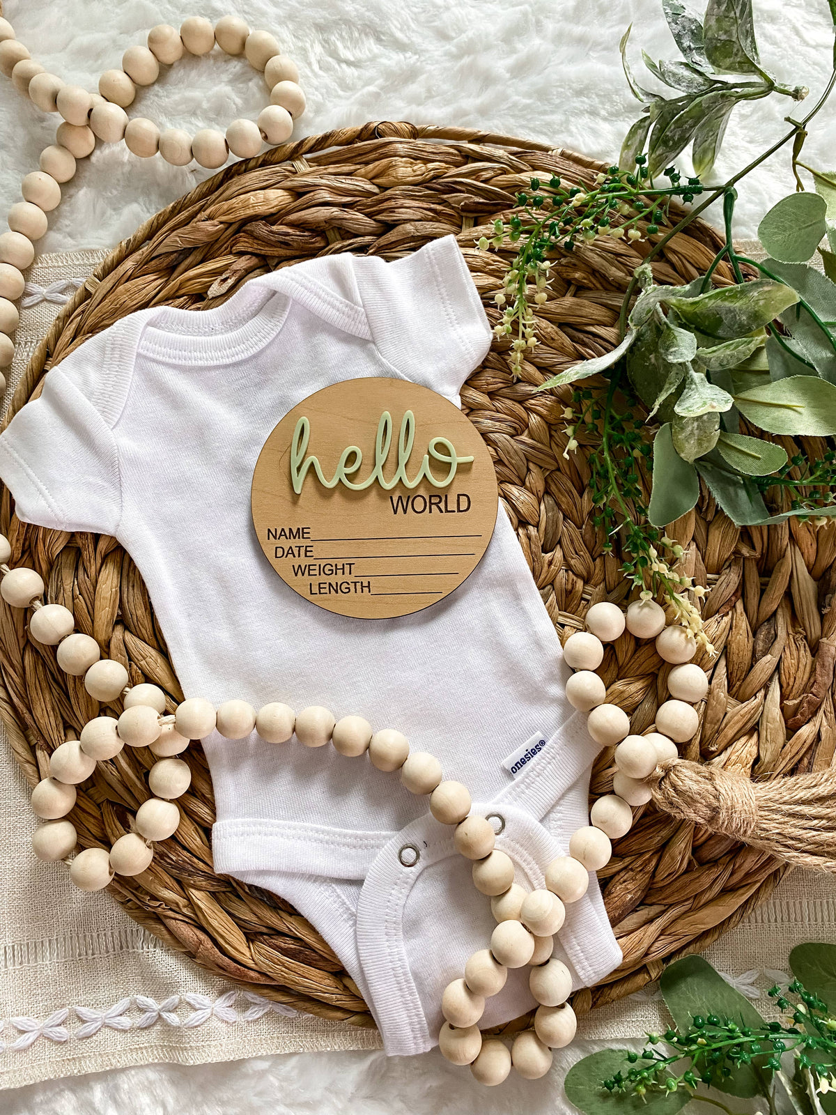 Hello World Birth Stat Announcement Wood Disc - Layered 3D