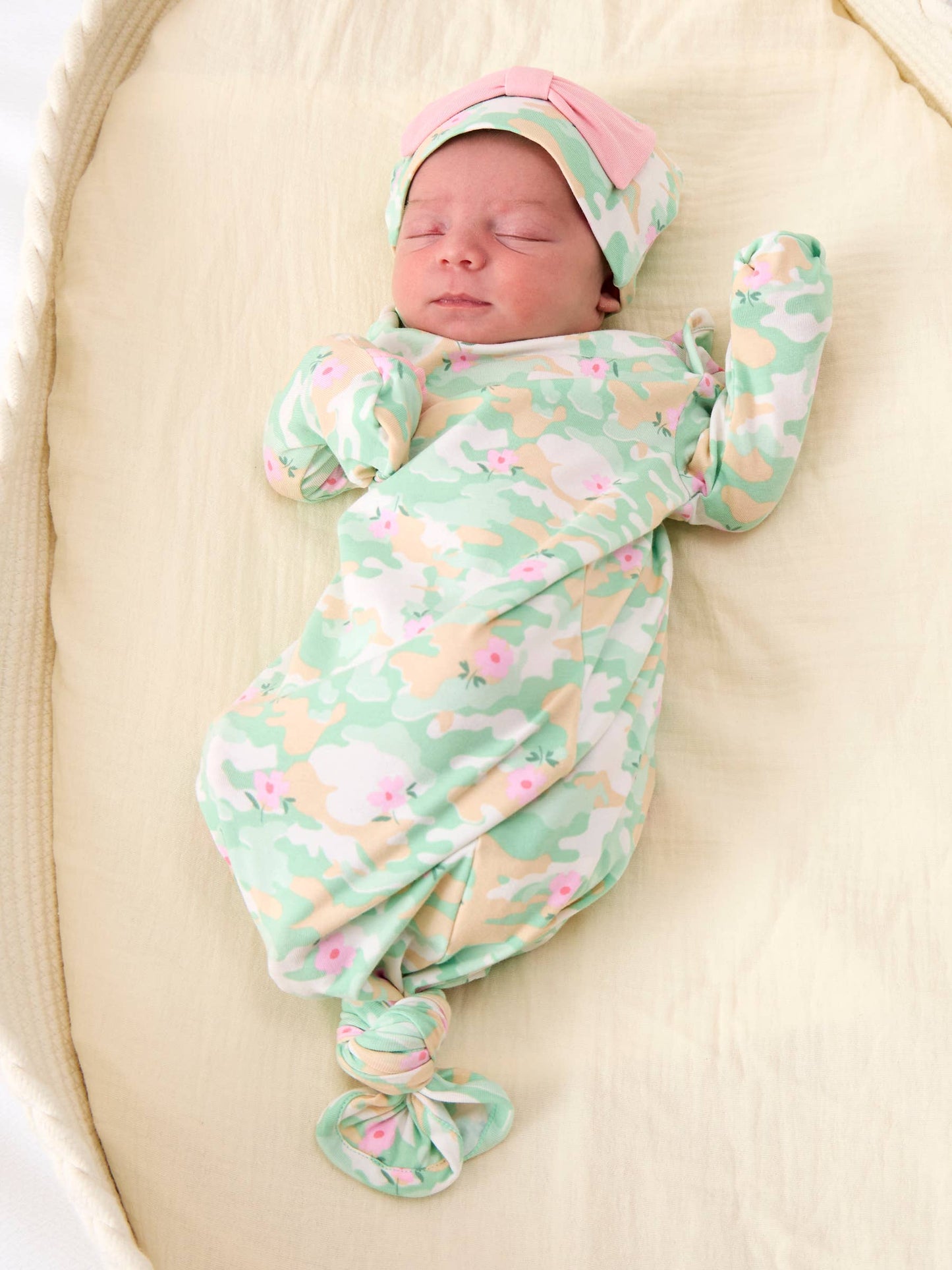 SoftSnooze™ Baby Girls Cotton Modal Sage Blossom Camo Ruffle Knotted Sleep Gown & Bow Hat Set