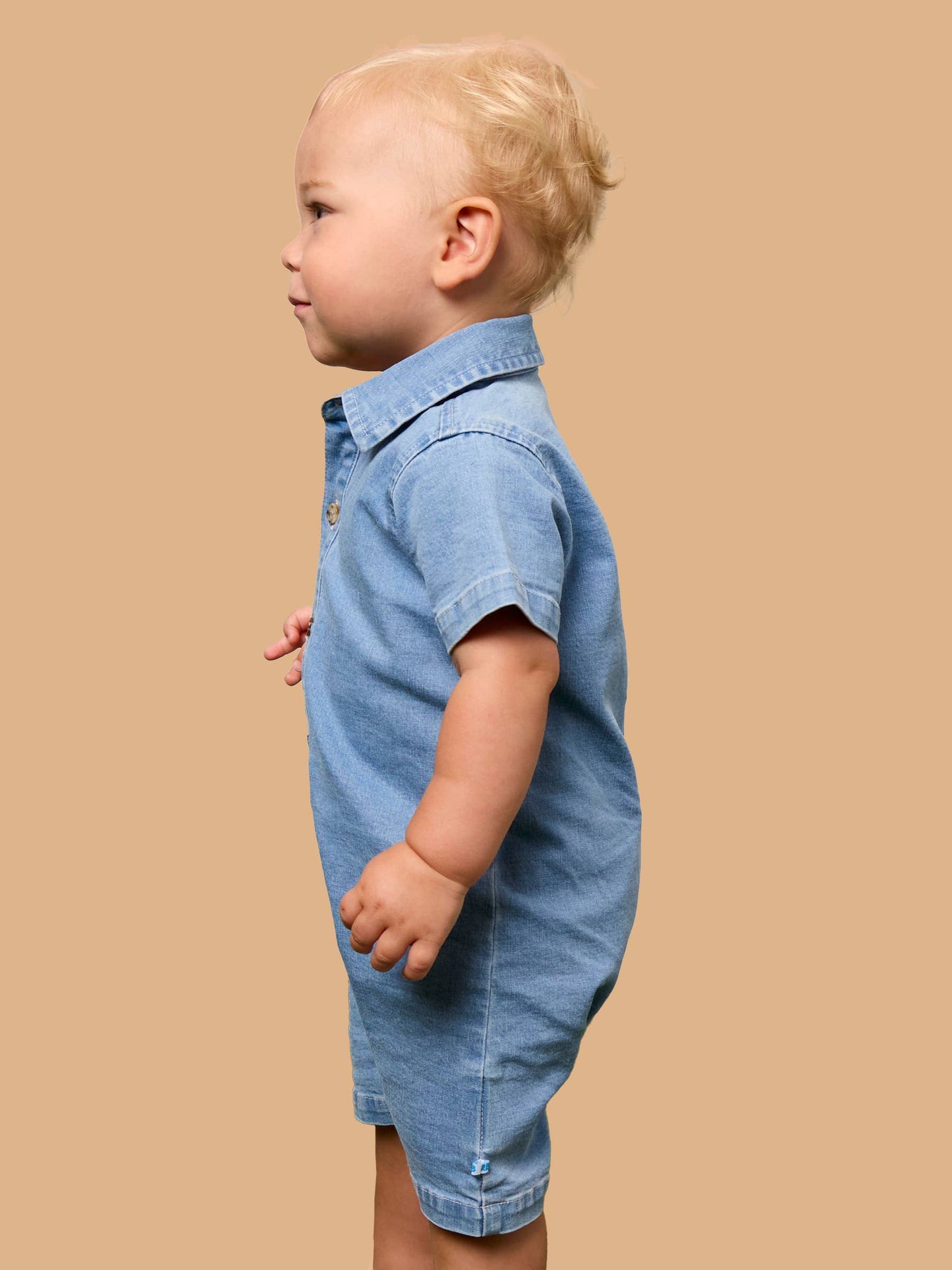 Baby Boys Light Wash Stretch Denim Short Sleeve Button-up Romper