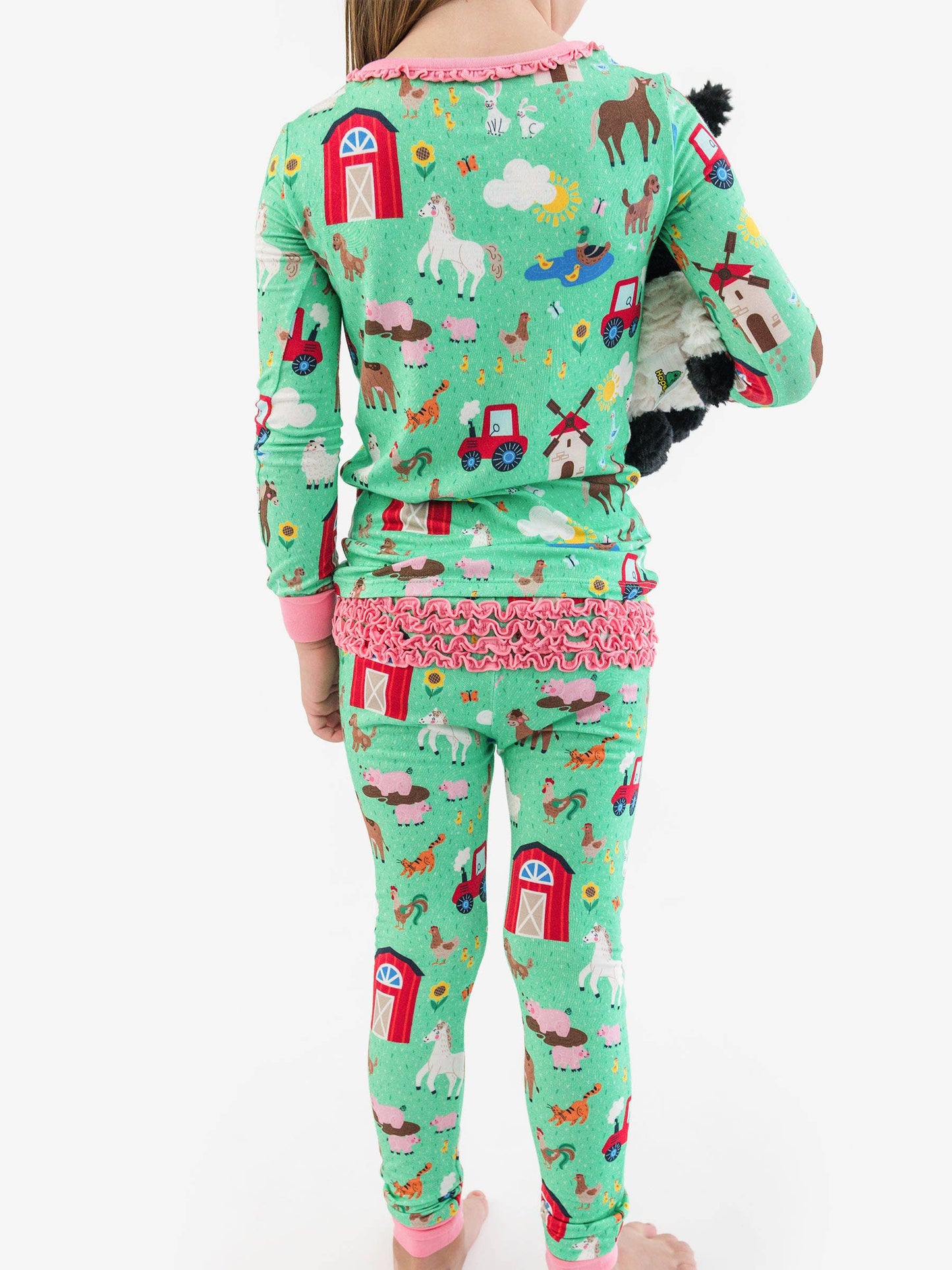 SoftSnooze™ Toddler Girls Bamboo Viscose Farm Friends Ruffle Long Sleeve Pajama Set with Signature Rear Ruffles
