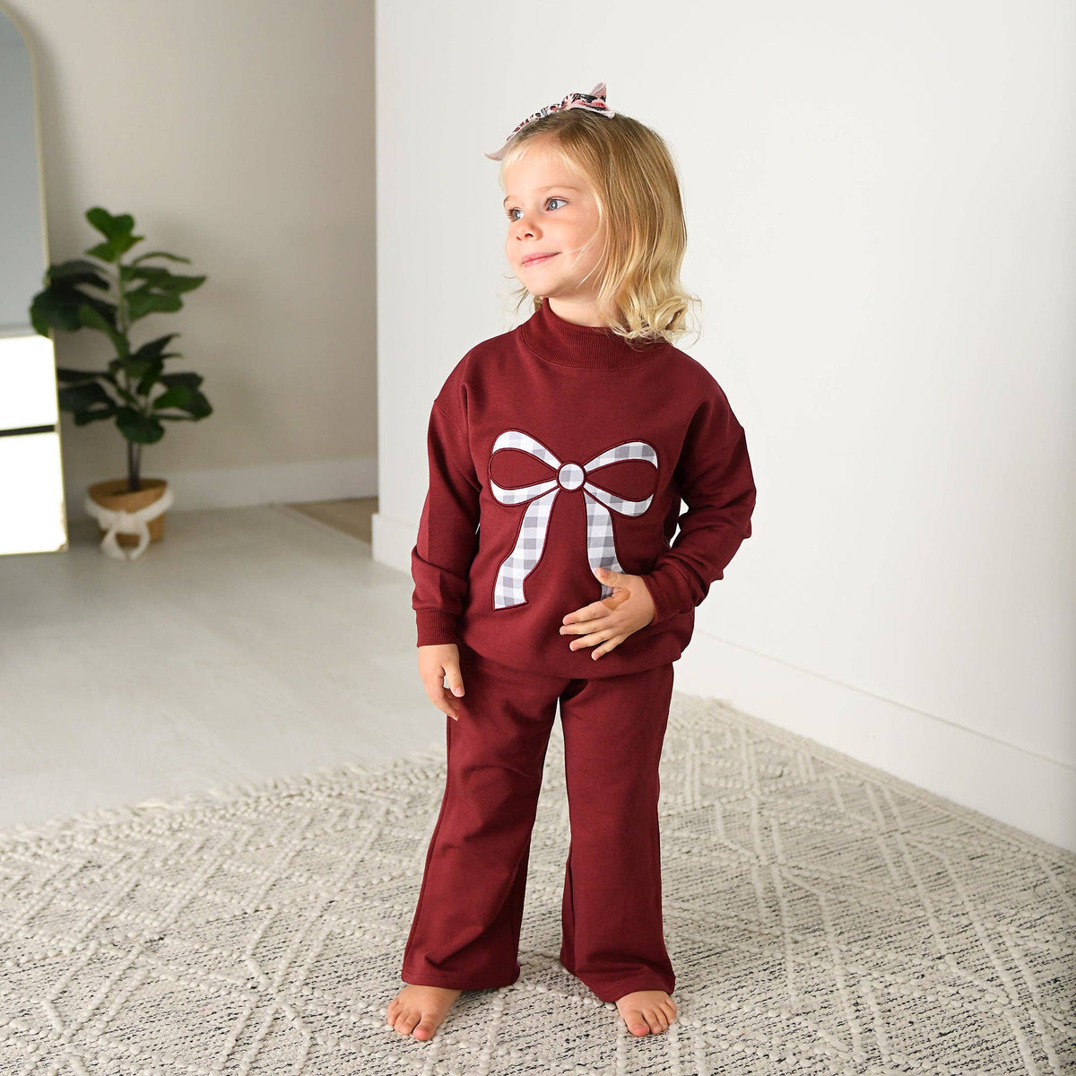 Maroon MOCKNECK FLARE SWEATSUIT Gingham Bow Kids Set