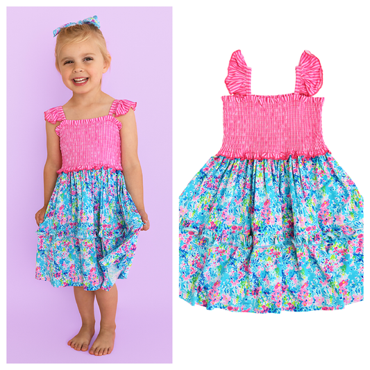 Ella SMOCKED DRESS Bamboo Floral Kids Outfit