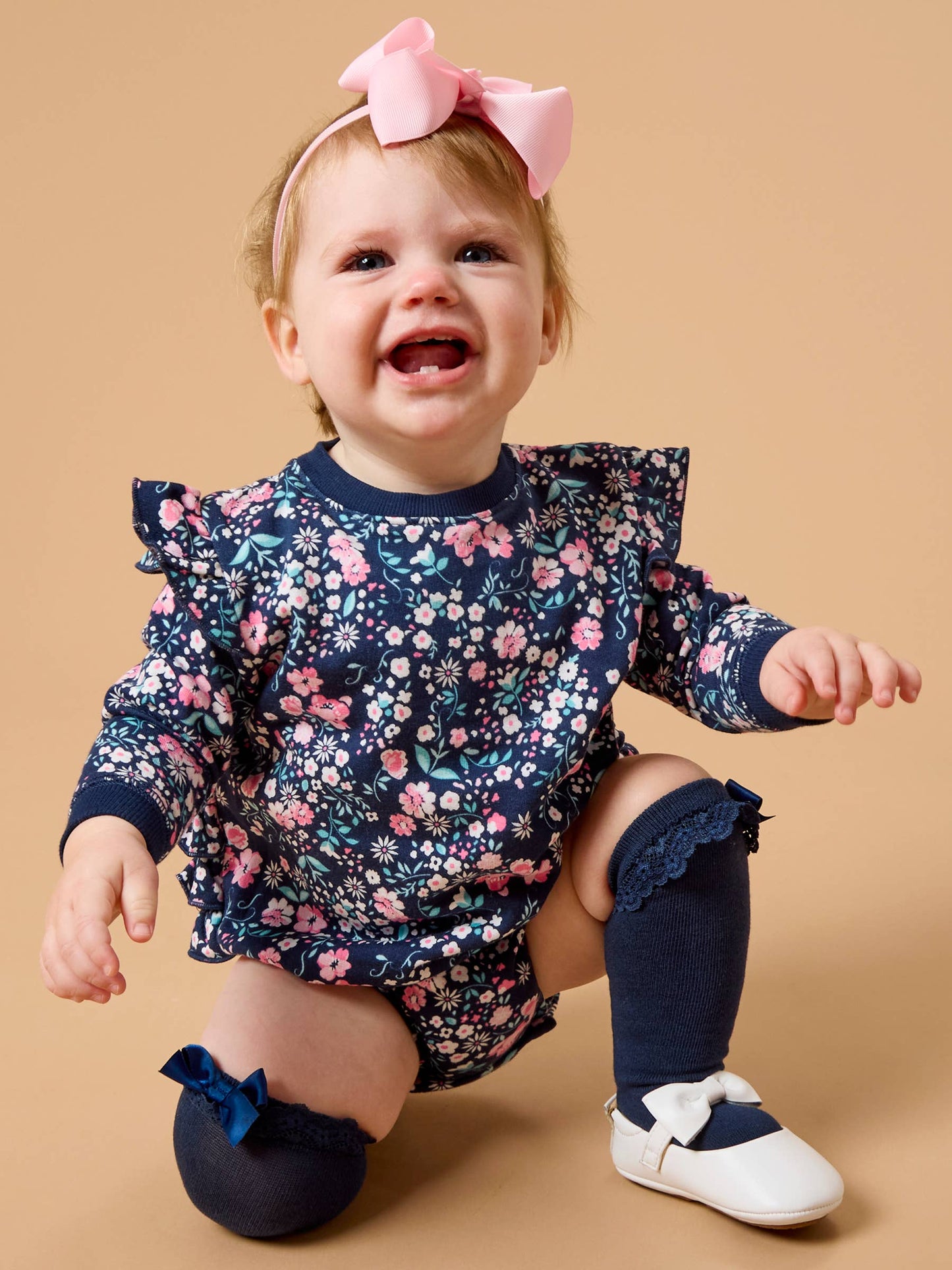 Baby Girls Moonlit Meadow Sweatshirt Bubble Romper with Signature Rear Ruffles