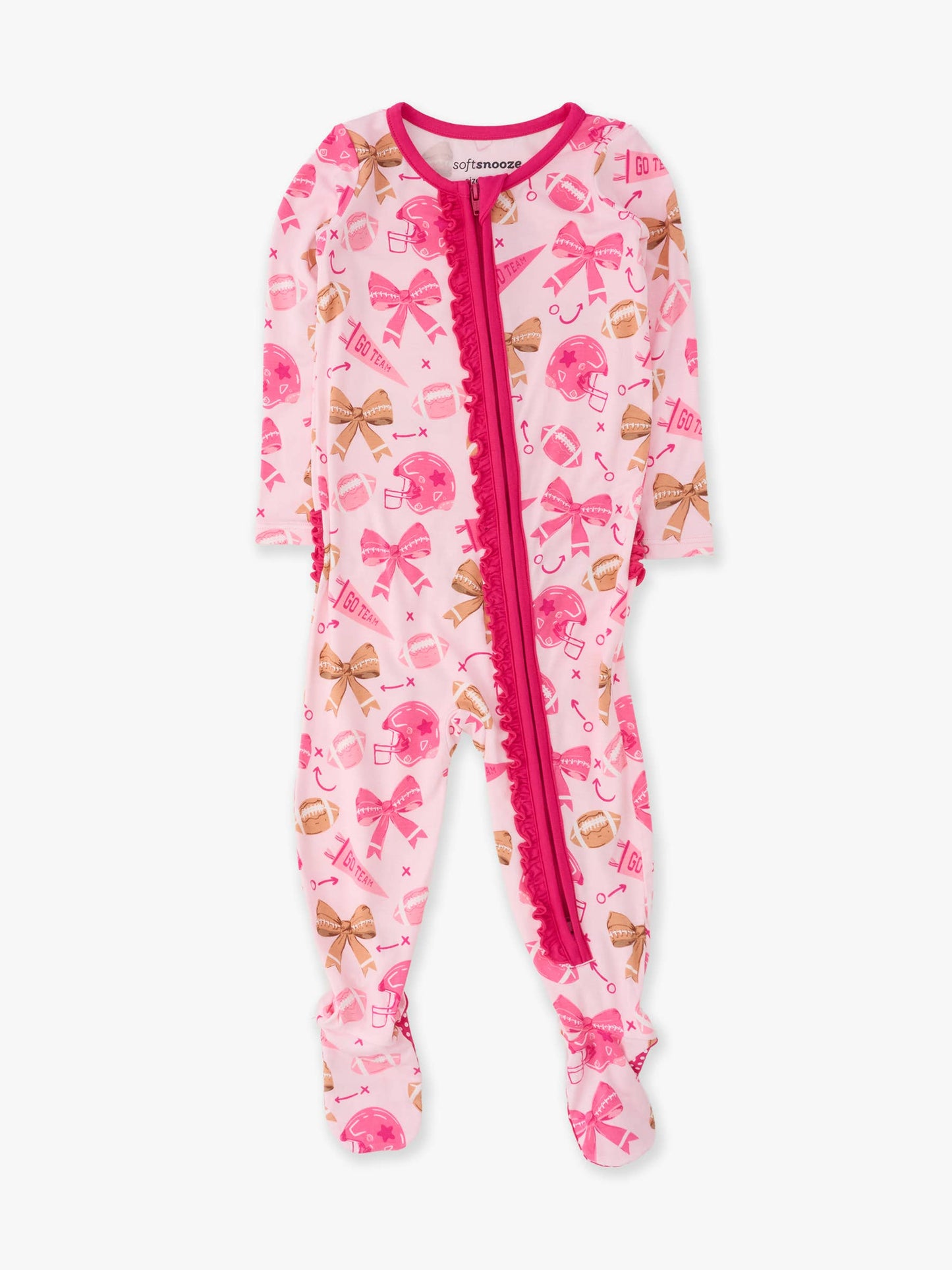 SoftSnooze™ Baby Girls Bamboo Viscose Footballs & Bows Footed Ruffle One Piece Pajama