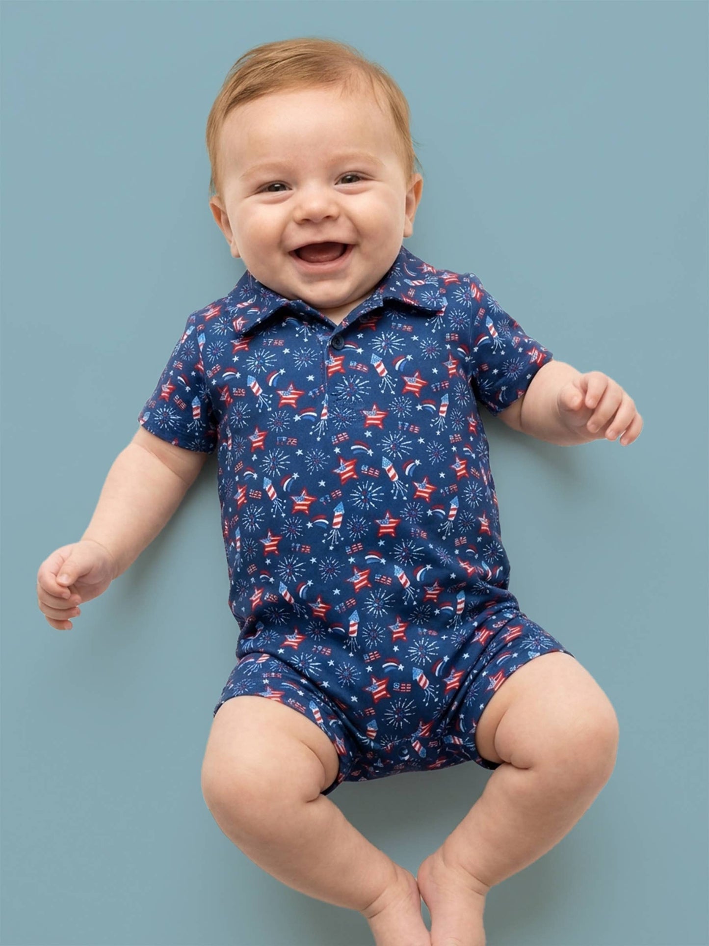 Baby Boys Red White & Boom Fireworks Performance Polo Romper