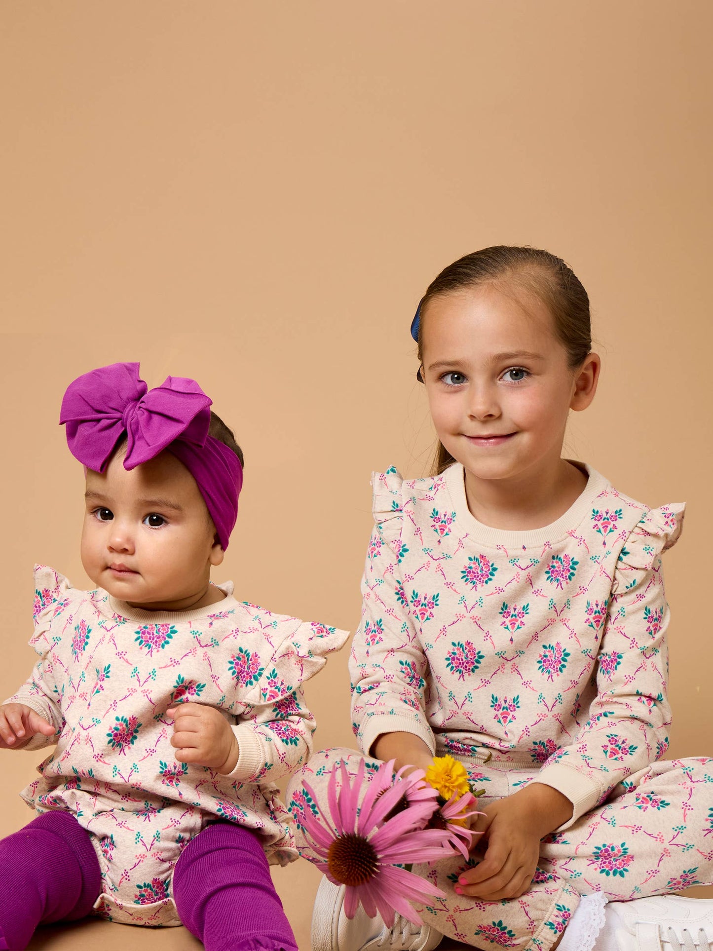 Baby Girls Heather Oatmeal Bouquets Sweatshirt Bubble Romper with Signature Rear Ruffles