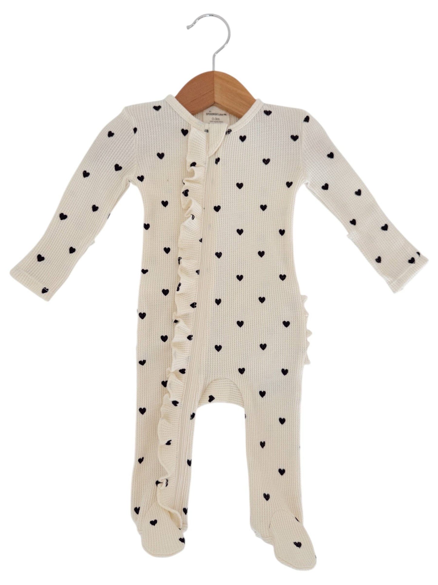 Organic Waffle 2-Way Zip Ruffle Footie, Black Heart