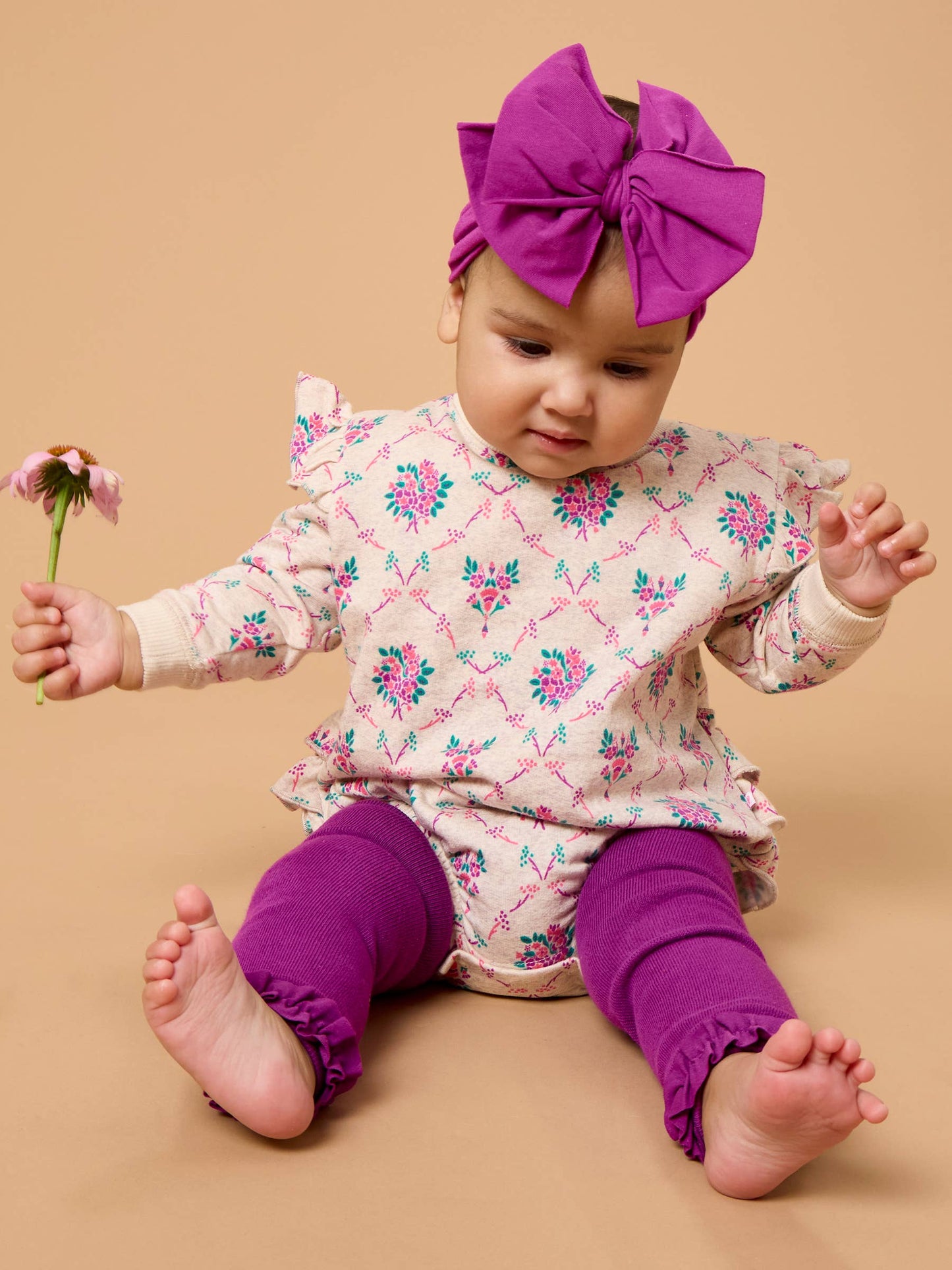 Baby Girls Heather Oatmeal Bouquets Sweatshirt Bubble Romper with Signature Rear Ruffles