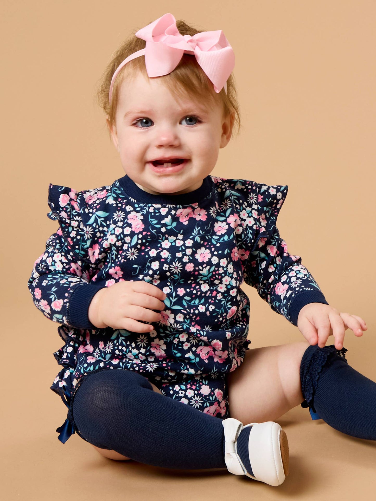 Baby Girls Moonlit Meadow Sweatshirt Bubble Romper with Signature Rear Ruffles