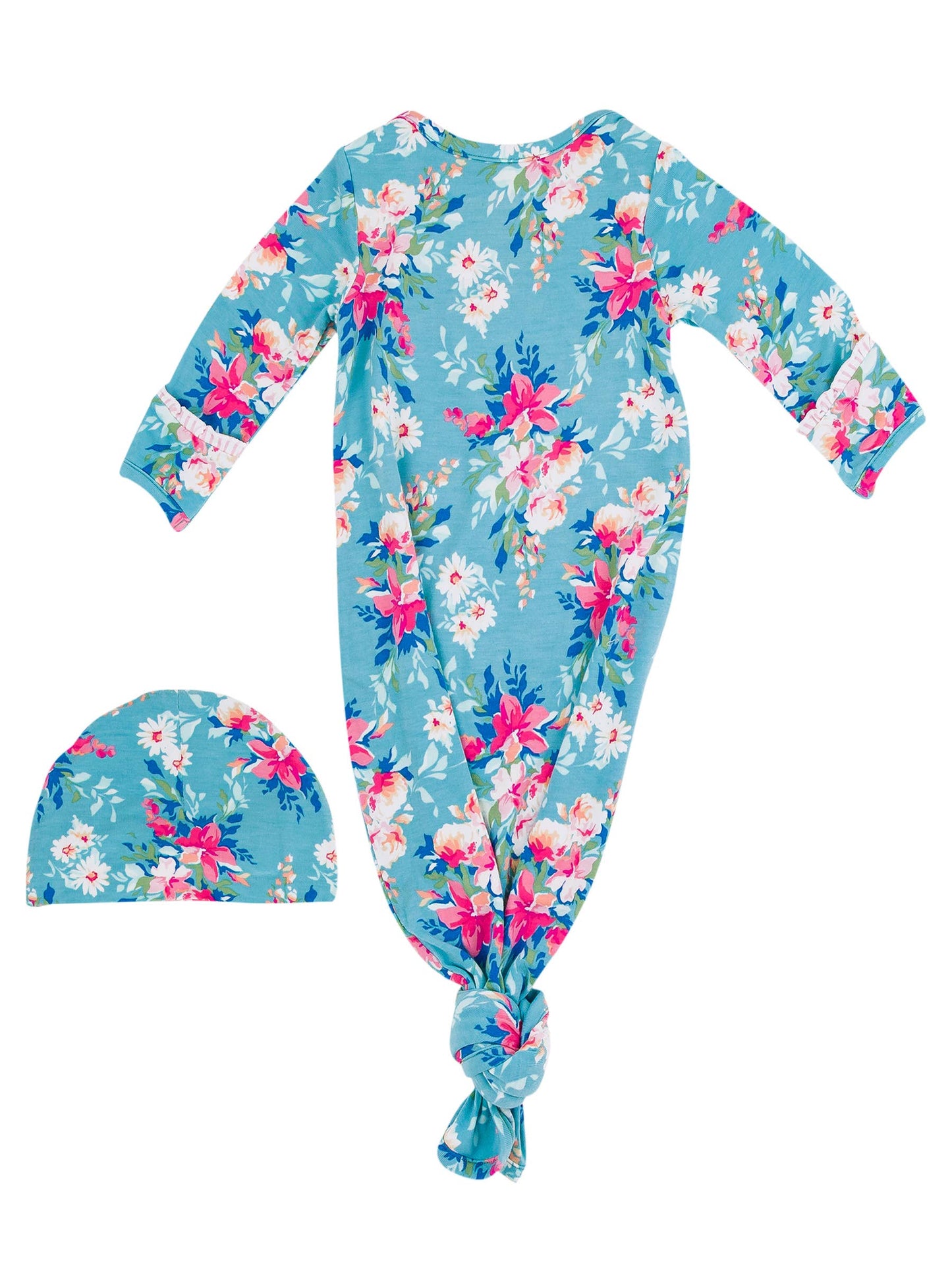 SoftSnooze™ Baby Girls Bamboo Viscose Fancy Me Floral Ruffle Knotted Sleep Gown & Bow Hat Set