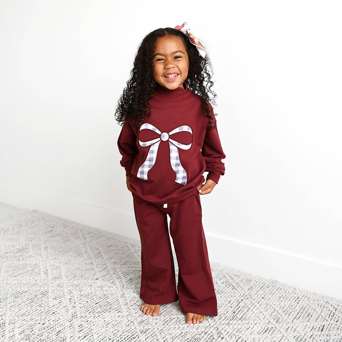 Maroon MOCKNECK FLARE SWEATSUIT Gingham Bow Kids Set