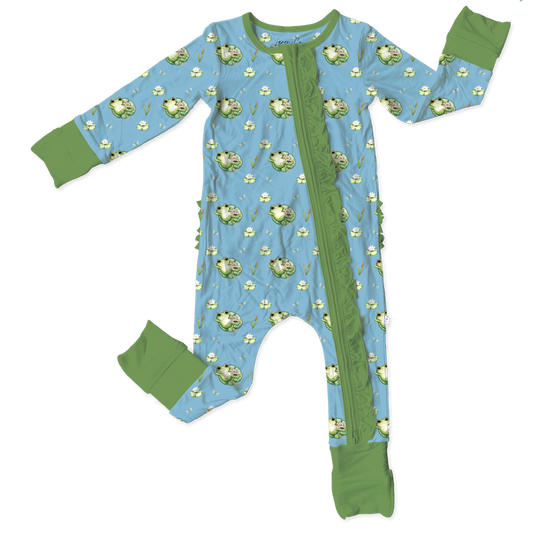 Amelia Frogs Bamboo Ruffle Triple-Zip Convertible Footie