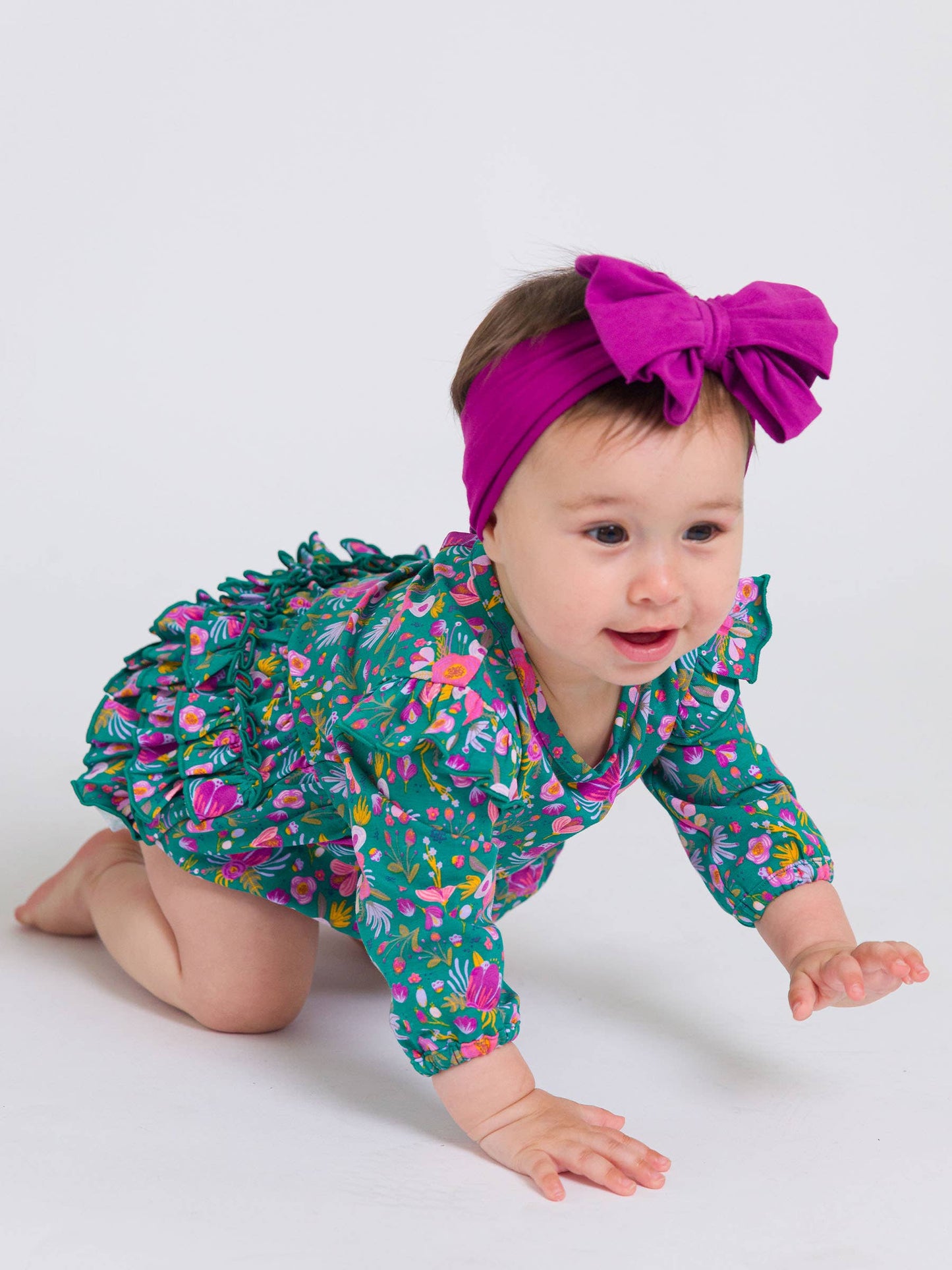 Baby Girls Emerald Floral Knit Long Sleeve Flutter Bubble Romper