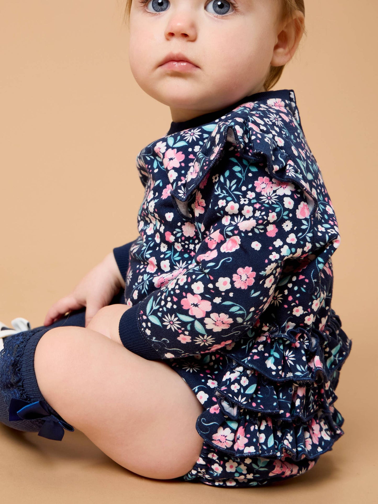 Baby Girls Moonlit Meadow Sweatshirt Bubble Romper with Signature Rear Ruffles
