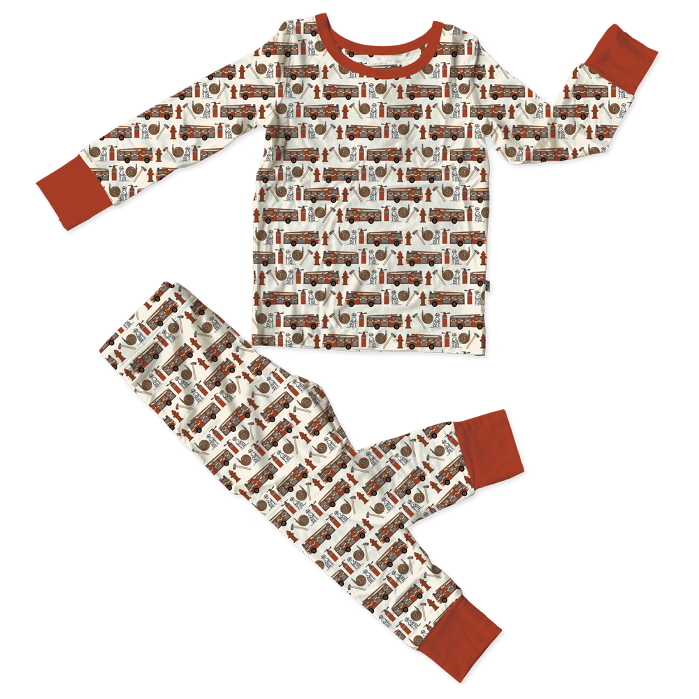Alcaous Fire Trucks Bamboo 2-Piece Long Sleeve Set