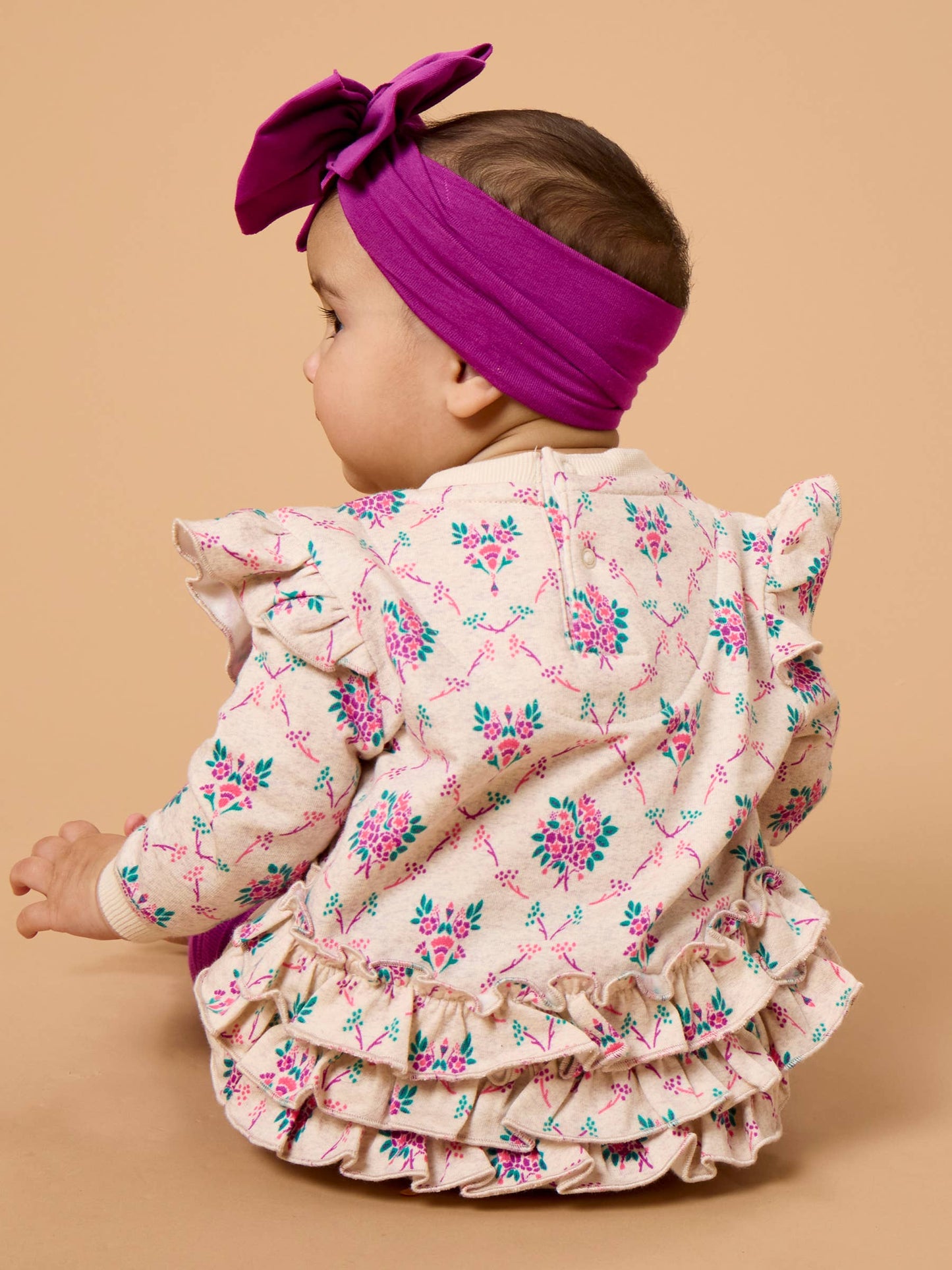 Baby Girls Heather Oatmeal Bouquets Sweatshirt Bubble Romper with Signature Rear Ruffles