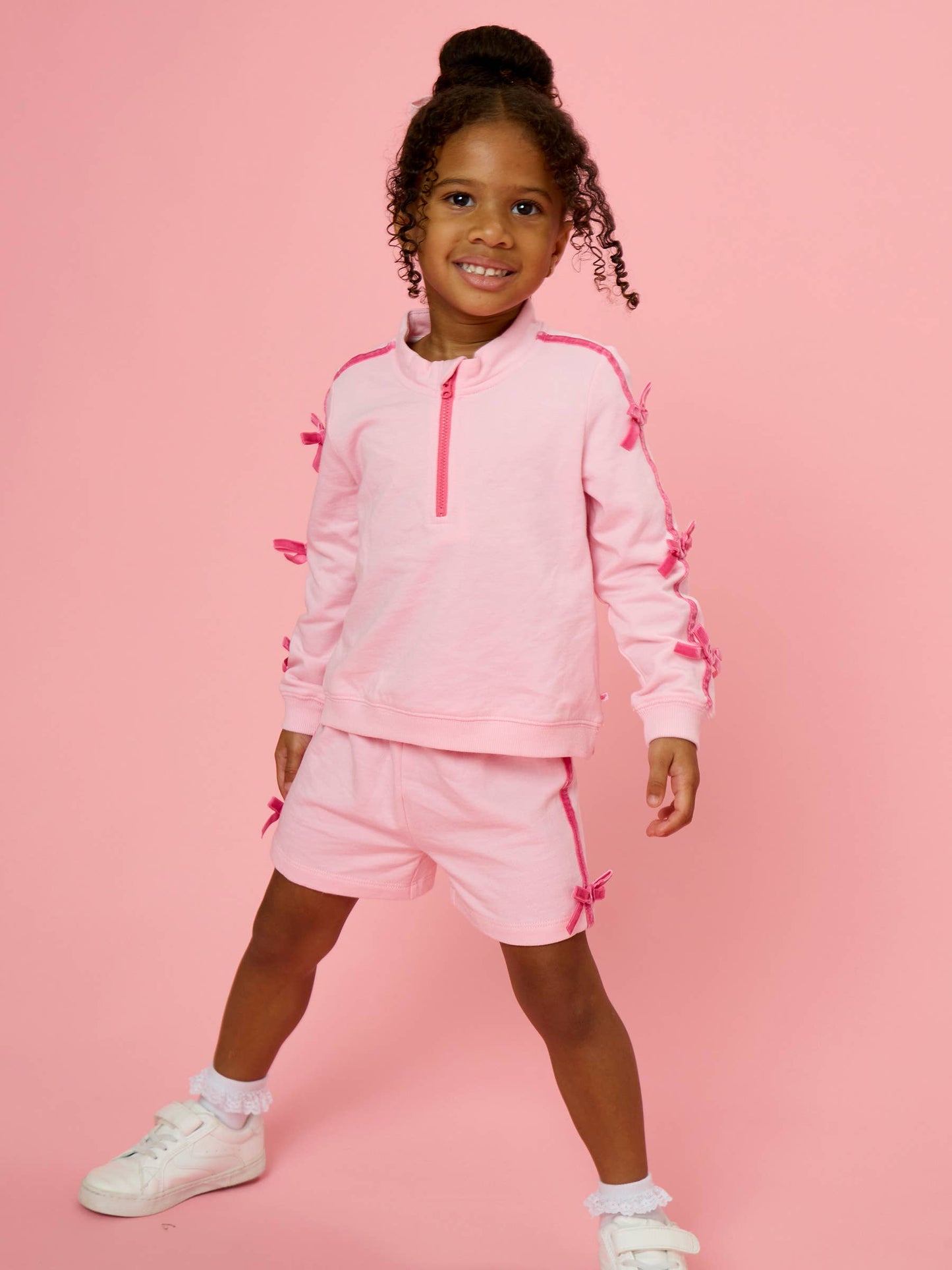 Girls Pink Fleece Bow Quarter Zip & Shorts Set
