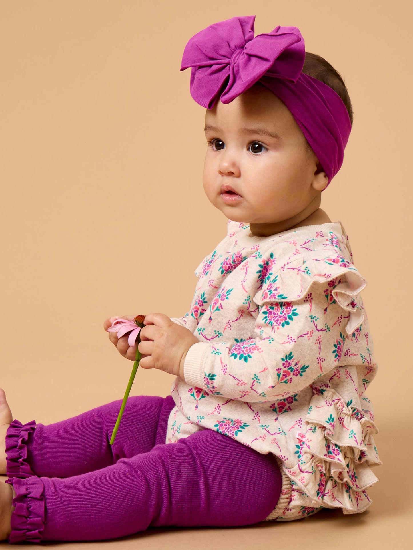 Baby Girls Heather Oatmeal Bouquets Sweatshirt Bubble Romper with Signature Rear Ruffles