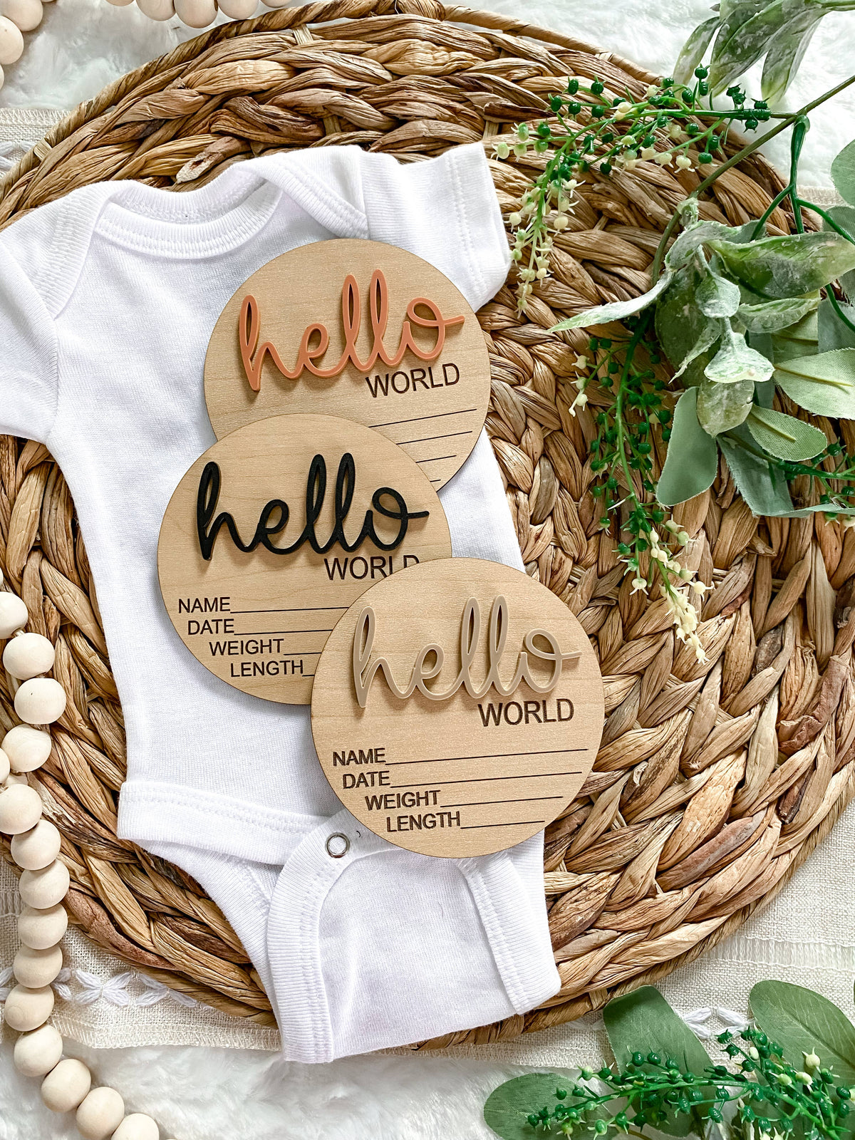 Hello World Birth Stat Announcement Wood Disc - Layered 3D