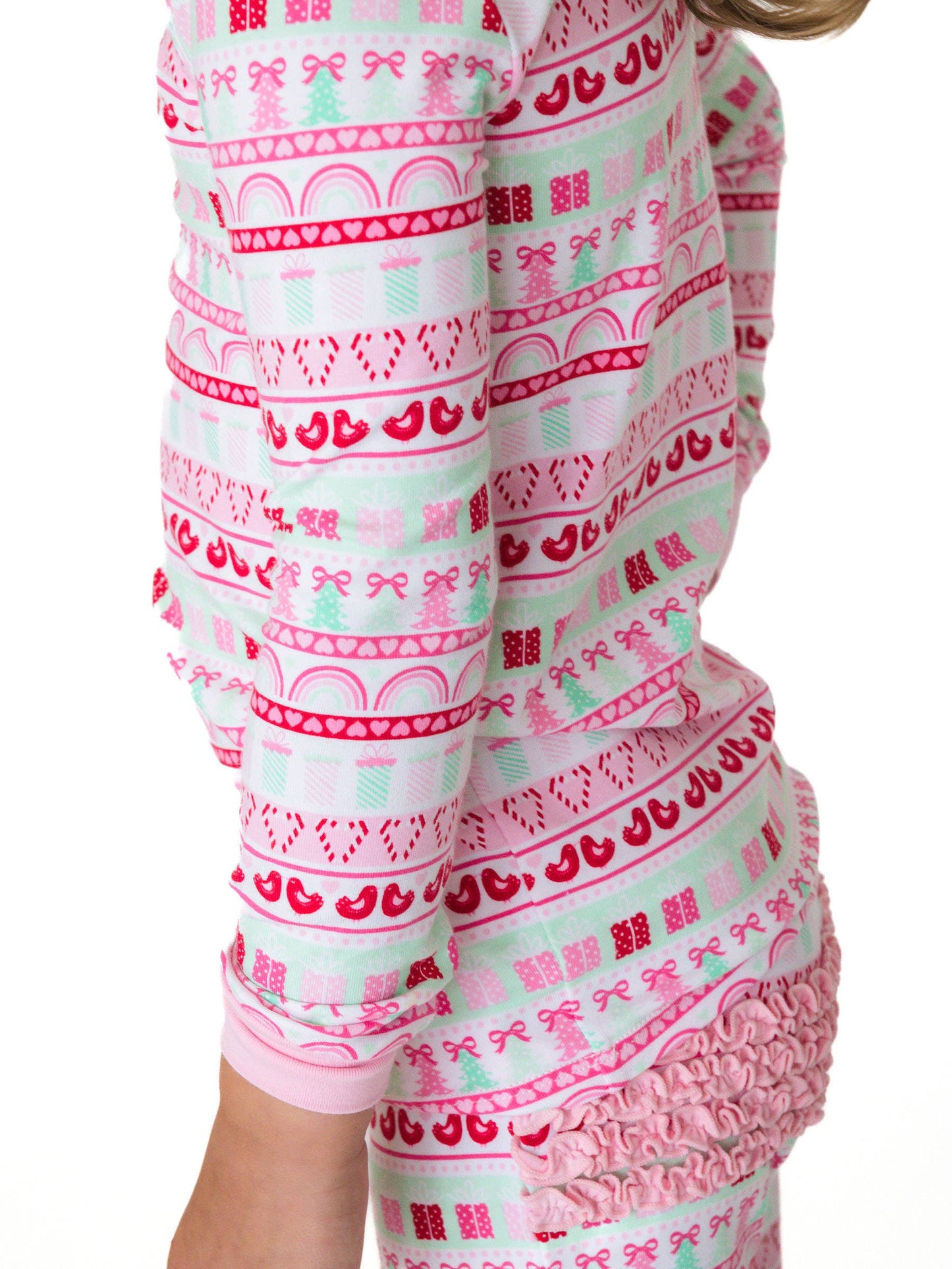 SoftSnooze™ Toddler Girls Cotton Modal Pinkmas Fair Isle Ruffle Long Sleeve Pajama Set with Signature Rear Ruffles