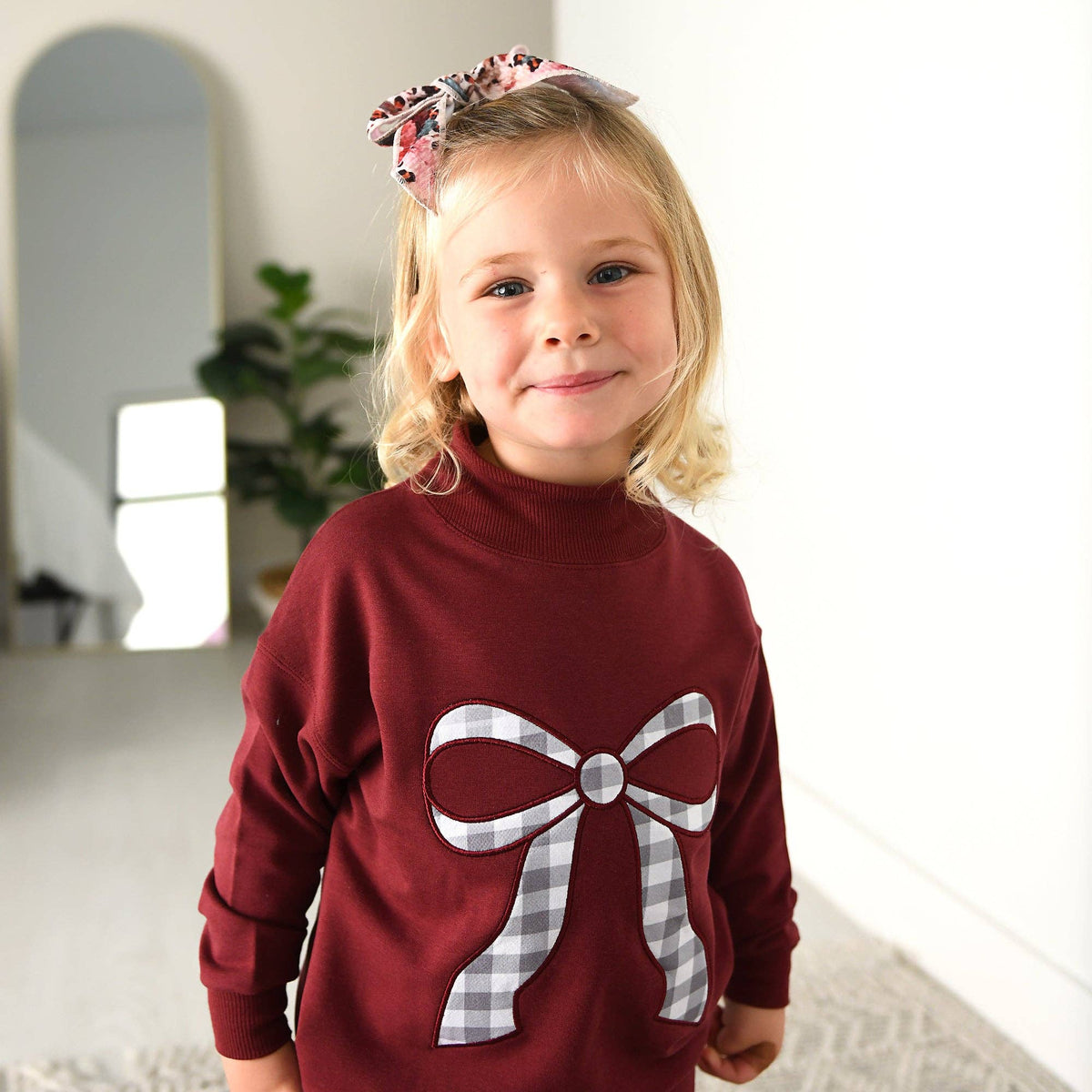 Maroon MOCKNECK FLARE SWEATSUIT Gingham Bow Kids Set