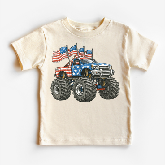 Patriotic Monster Truck Shirt – Red White & Blue American Flag Truck Tee – Kids & Toddler 4th of July Graphic Tee