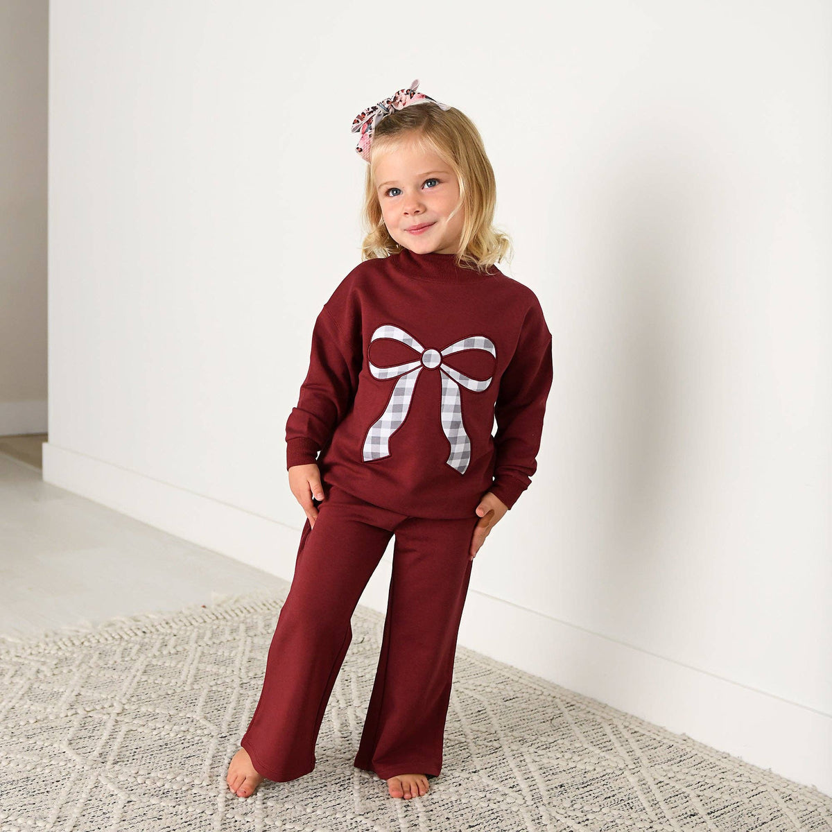 Maroon MOCKNECK FLARE SWEATSUIT Gingham Bow Kids Set